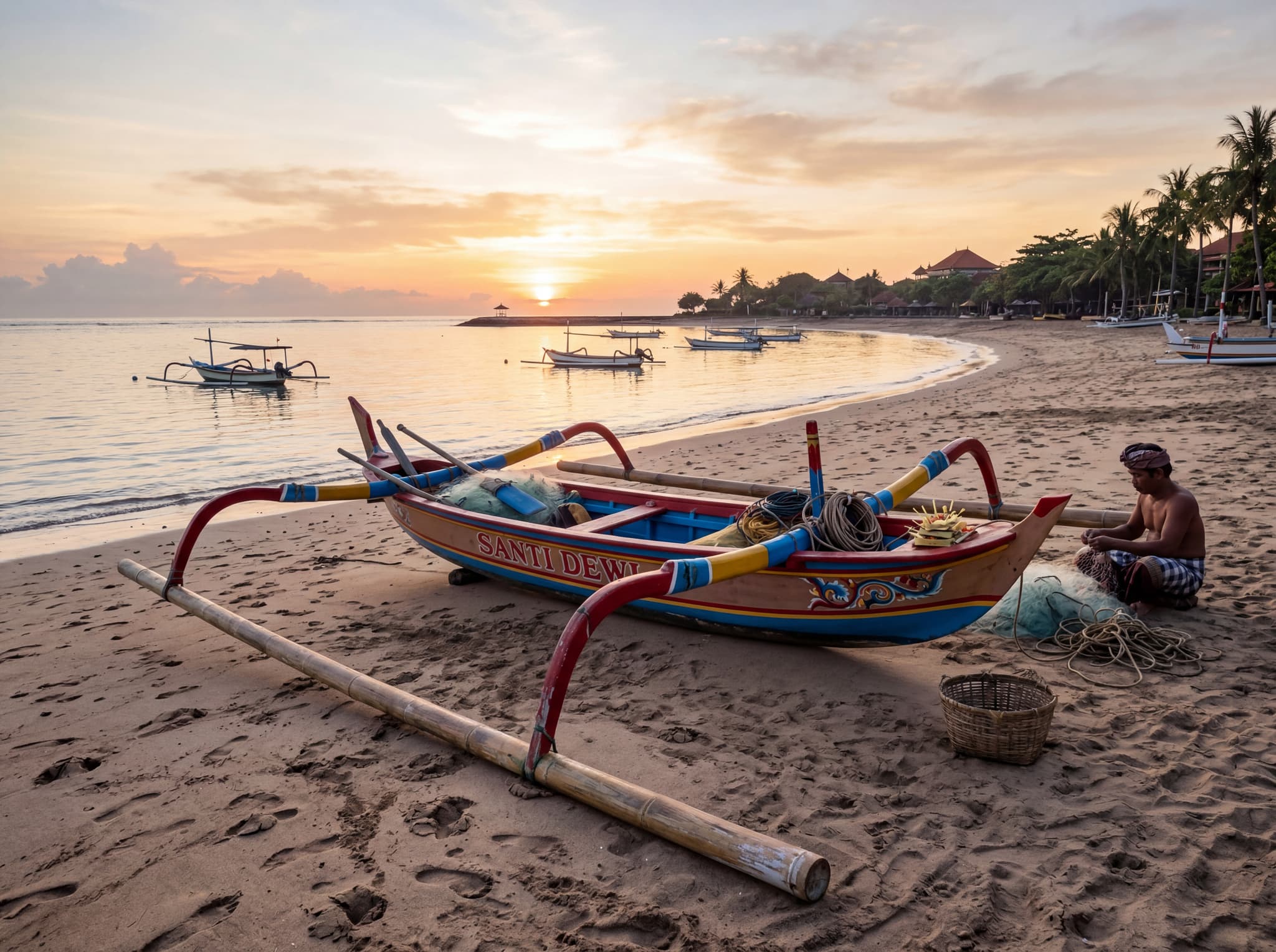 A traditional Balinese jukung fishing boat resting on the sand at Sanur Beach in early morning light — illustrating the article's opening image of fishing life that defines Sanur's unhurried rhythm