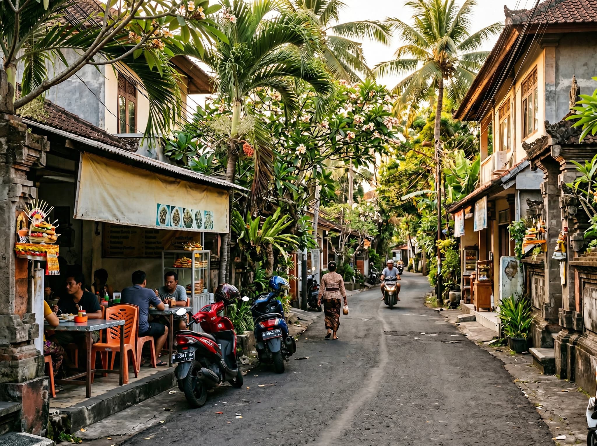A low-rise Sanur streetscape along Jalan Danau Tamblingan — showing the unhurried, unfashionable character of Bali's oldest resort town that the article celebrates as a deliberate alternative to Seminyak and Canggu
