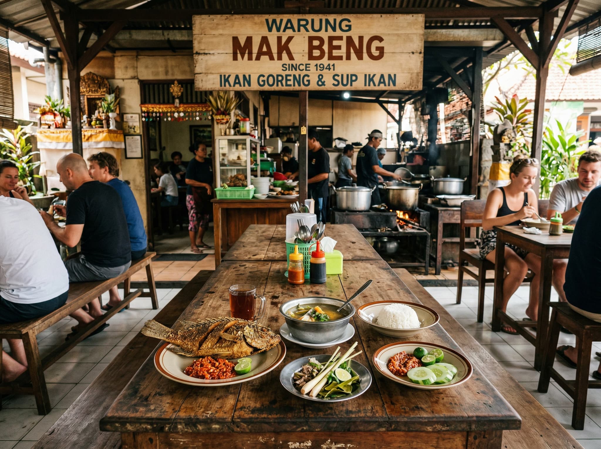 Warung Mak Beng in Sanur — the legendary no-menu fish-and-rice institution that has served the same meal since the 1940s, referenced as Sanur's most iconic dining stop