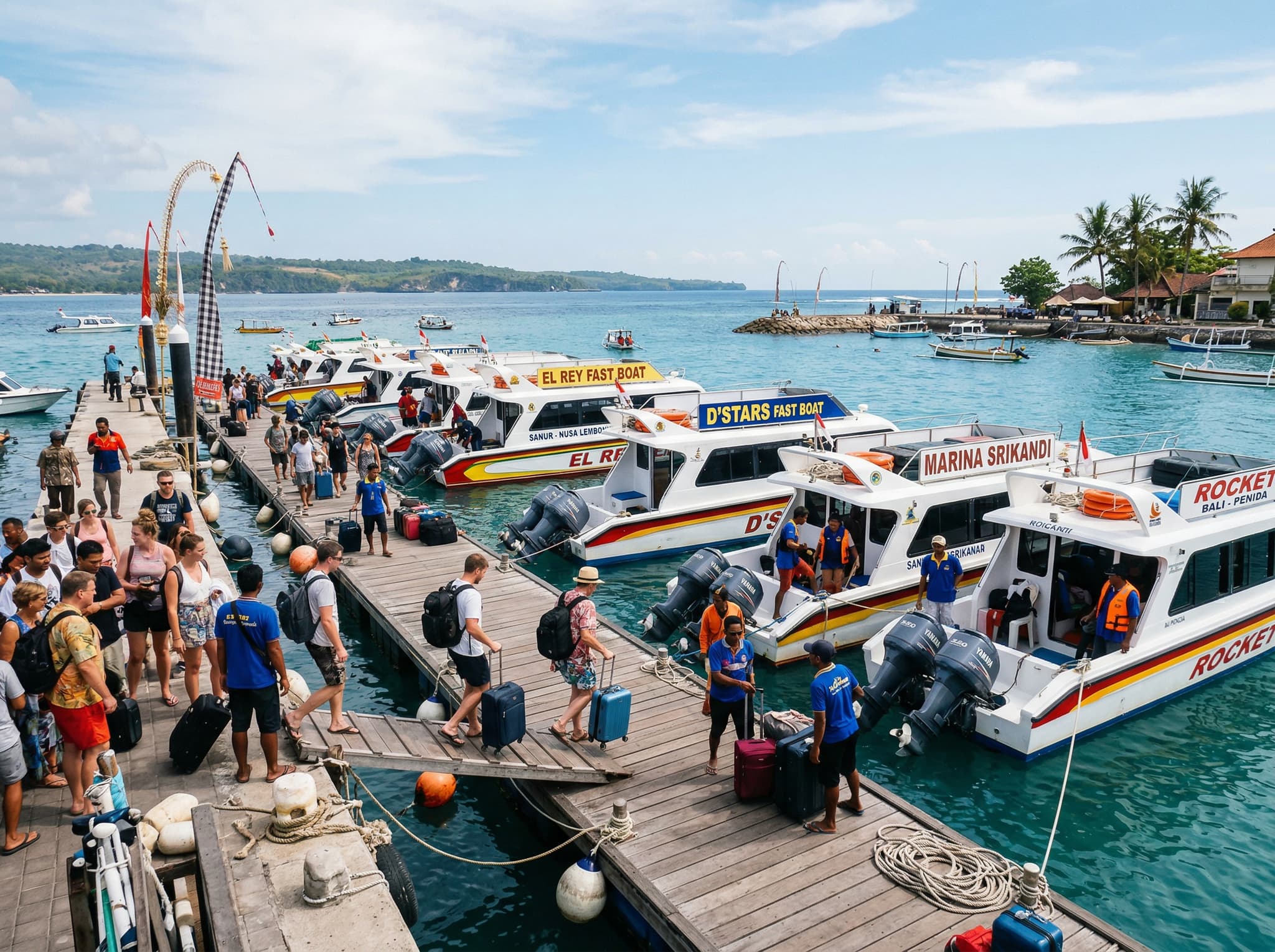 Sanur Harbor with fast boats moored and ready for departure toward Nusa Lembongan and Nusa Penida — illustrating the article's section on Sanur as a gateway for island-hopping