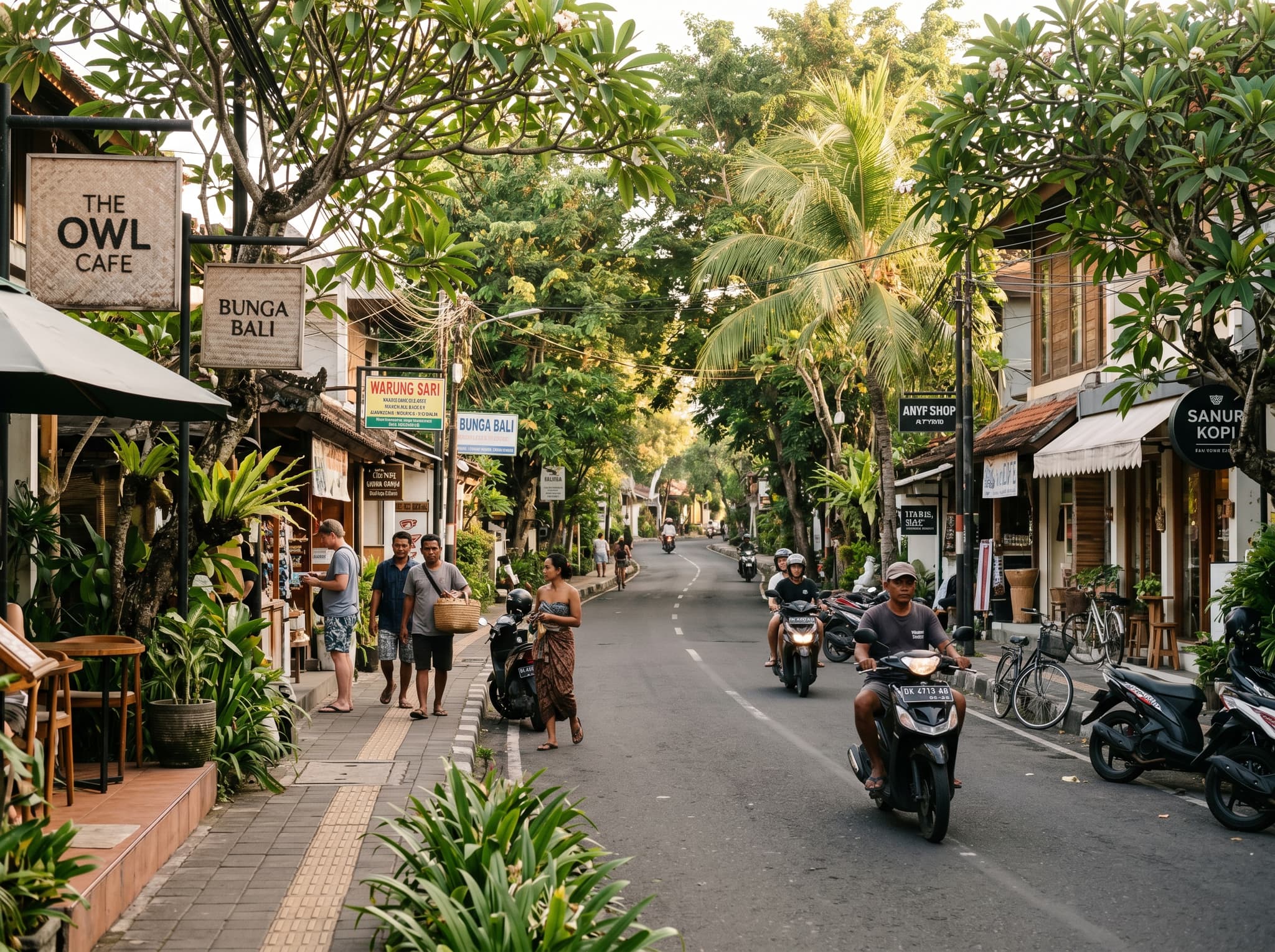 Street view of Jalan Danau Tamblingan in Sanur, Bali — the main commercial strip where Nogo Bali Ikat Centre is located, showing the tree-lined road with shops, cafés, and the relaxed pace of Sanur's neighborhood character that distinguishes it from busier Bali tourist areas