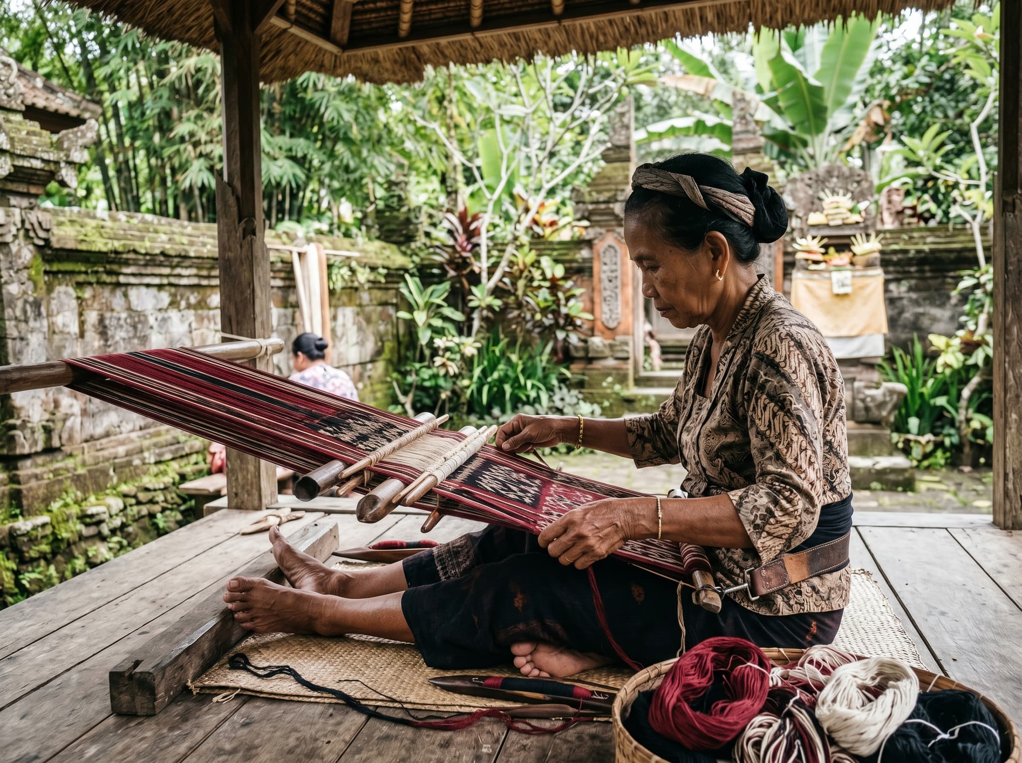 A traditional Balinese weaver working at a backstrap or floor loom in Tenganan village, East Bali — illustrating the rare double-ikat geringsing technique mentioned in the article's callout as the more complex counterpart to the single ikat sold at Nogo