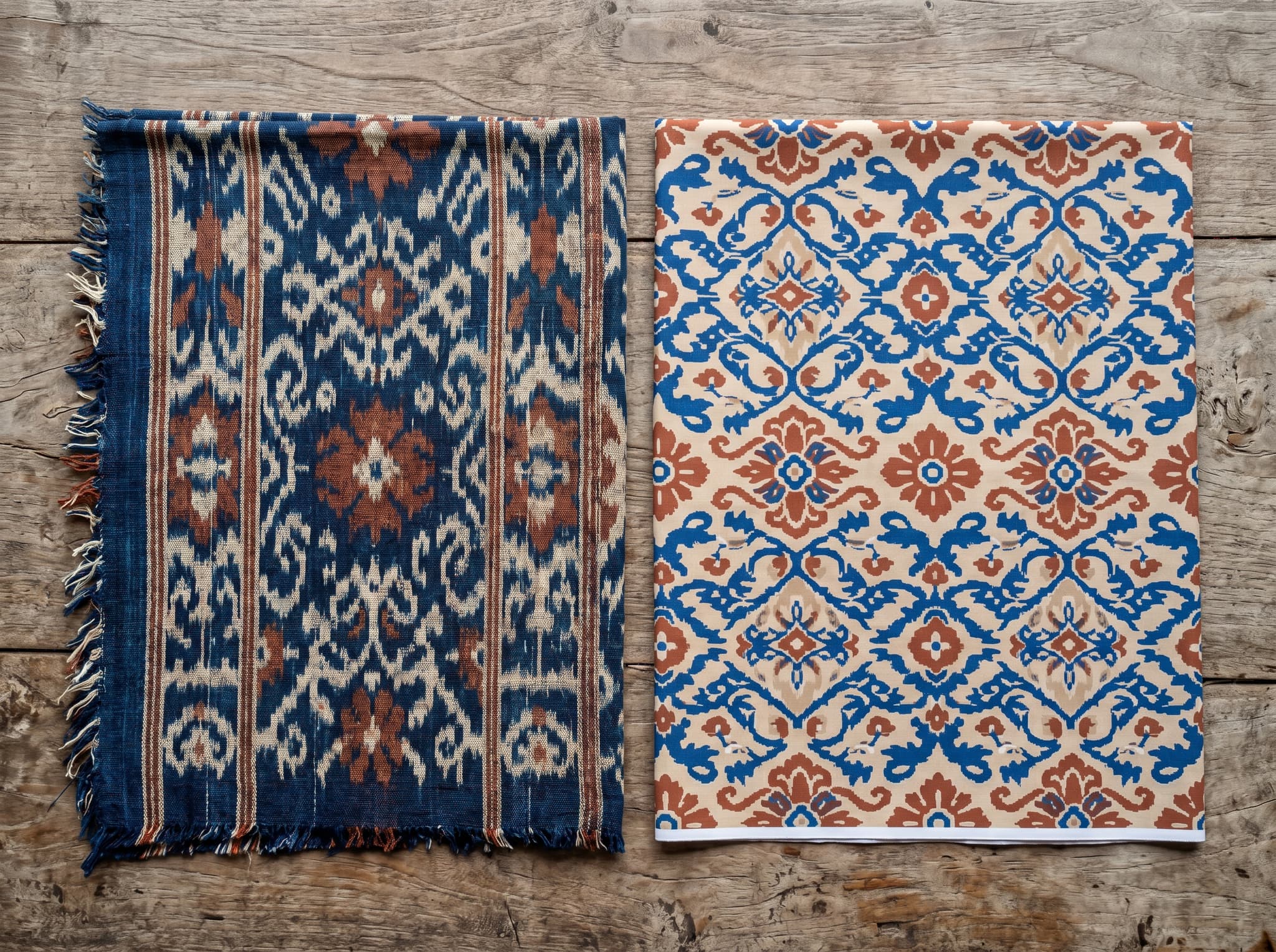 Side-by-side comparison of authentic handwoven ikat fabric next to machine-printed imitation textile, showing the visual difference in texture, color depth, and edge quality — directly illustrating the article's section on how to distinguish real ikat from tourist-grade imitations