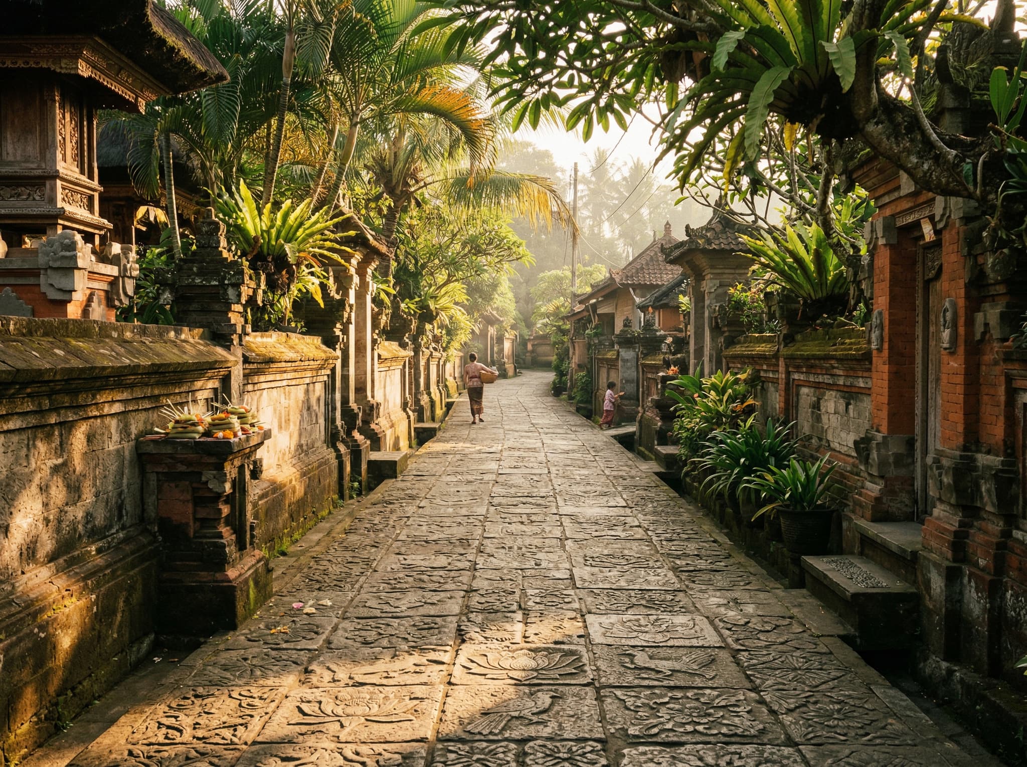 Jalan Kajeng, the narrow stone-paved street in central Ubud leading north from the Ubud Royal Palace — the carved relief details pressed into the pavement by local artists, which the article describes as a detail most visitors walk over without noticing