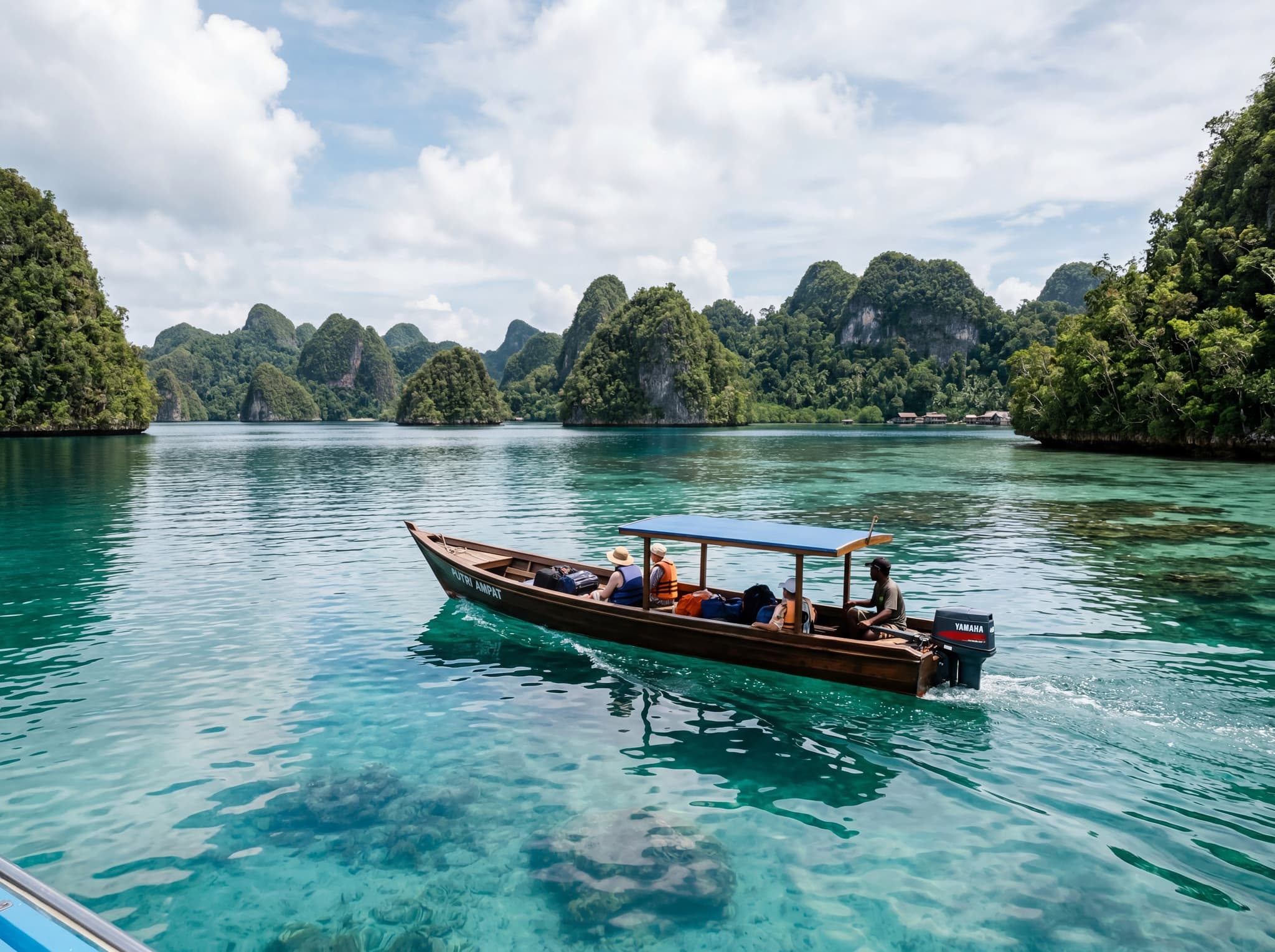 A wooden speedboat crossing calm turquoise water between islands in Raja Ampat, West Papua — representing the final leg of the journey from Waisai port to the Dampier Strait homestay islands, with forested limestone karst islands visible in the background.