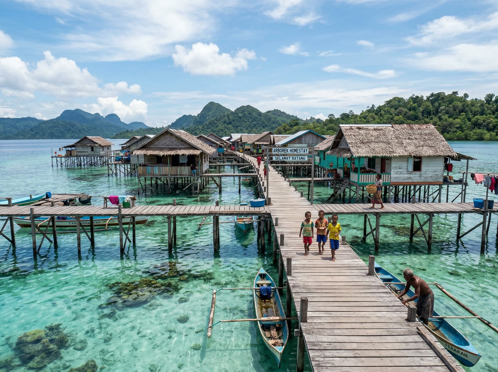 Arborek island village in Raja Ampat — a small traditional community on stilts over turquoise water, with a wooden jetty and local life visible, representing one of the three main homestay bases in the Dampier Strait and the most village-oriented option for travelers.