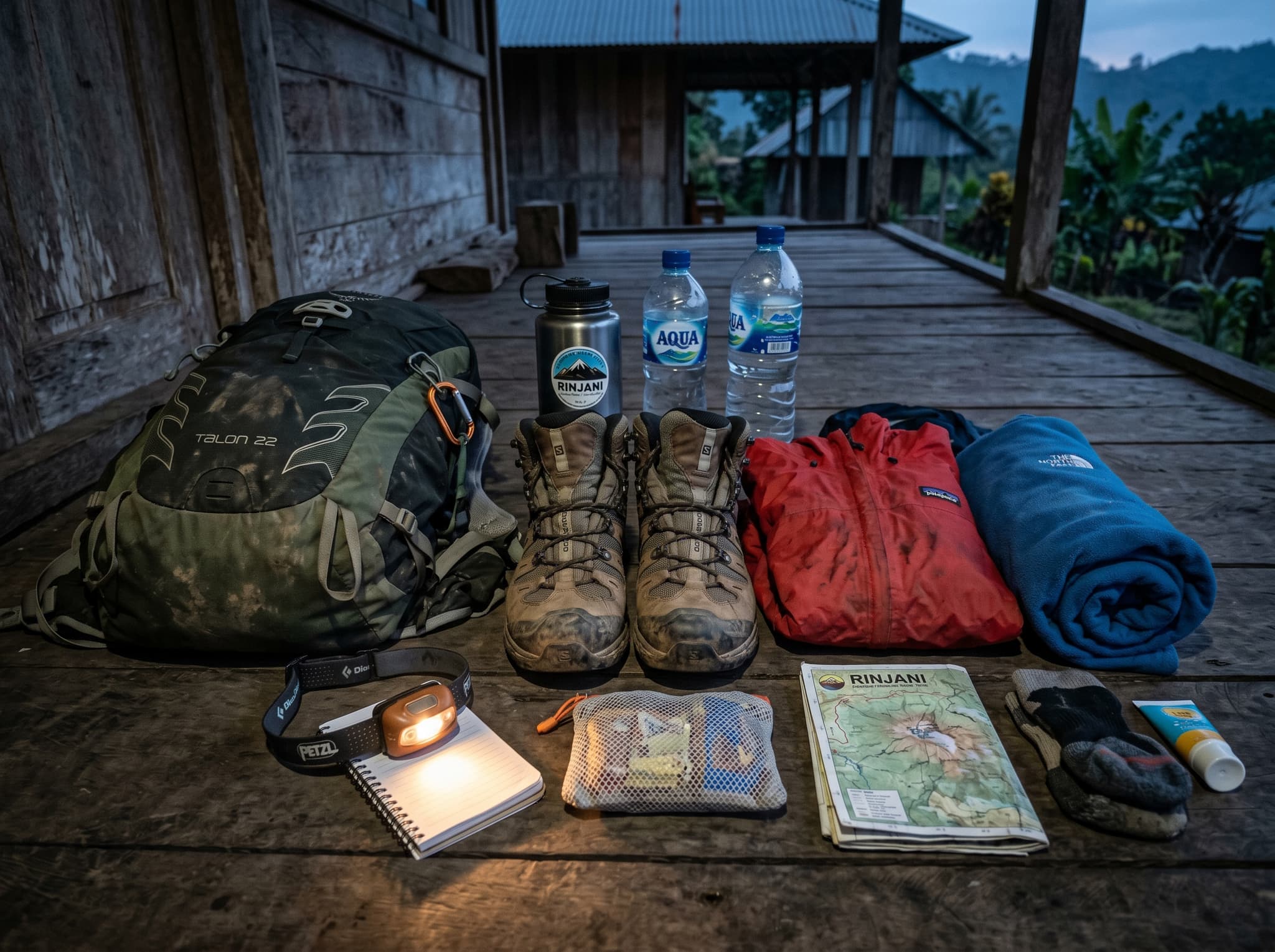 A trekker's camping gear and equipment laid out before an early morning start on a Rinjani trek — hiking boots, rain shell, headlamp, water bottles and pack representing the specific gear list the article outlines for the Torean route's demanding conditions