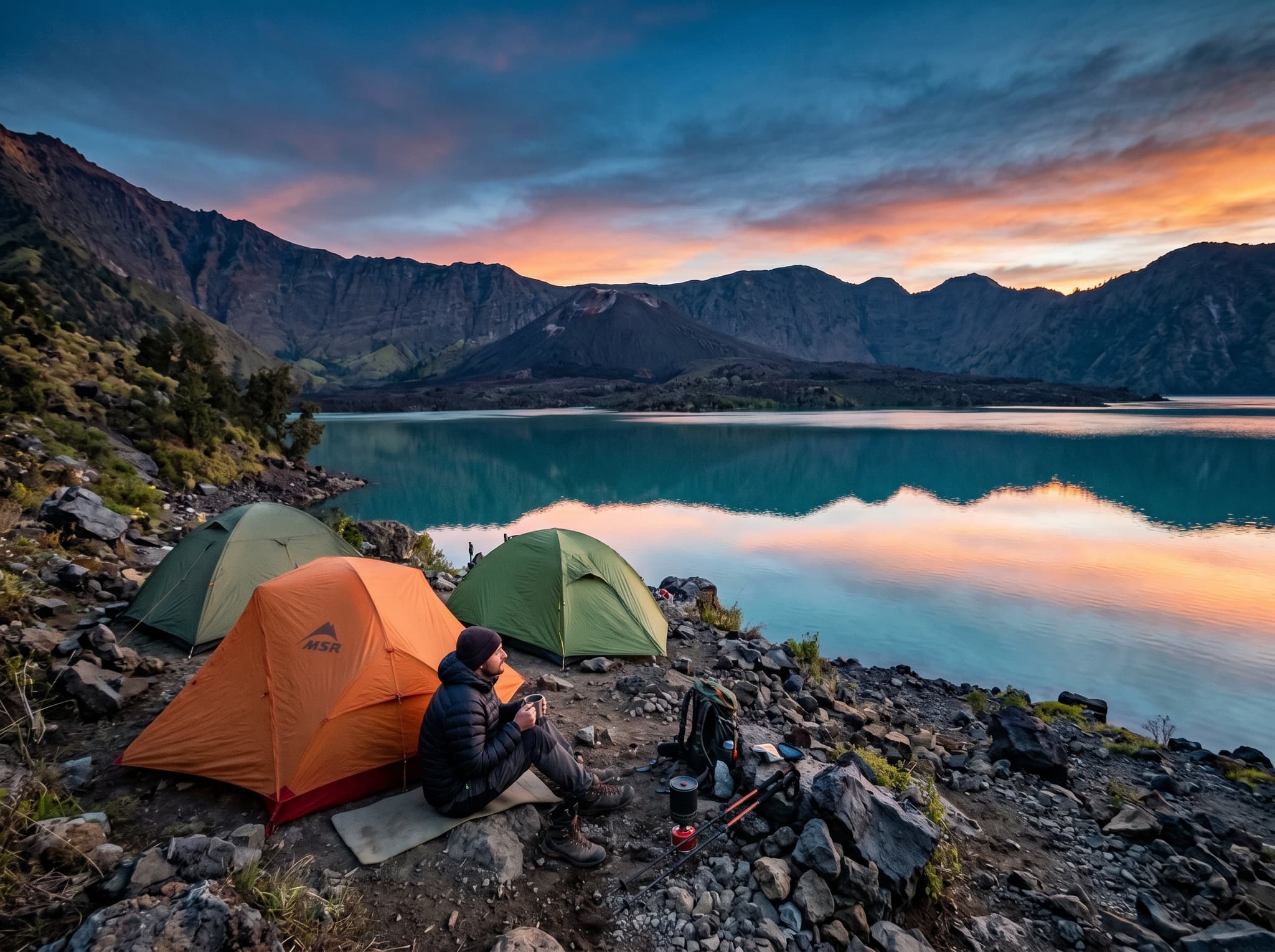 Trekkers camping overnight at Segara Anak crater lake, Mount Rinjani, Lombok — tents pitched on the lake shore at dusk or dawn with the caldera walls and Gunung Barujari reflected in the still water, illustrating the overnight experience the article strongly recommends