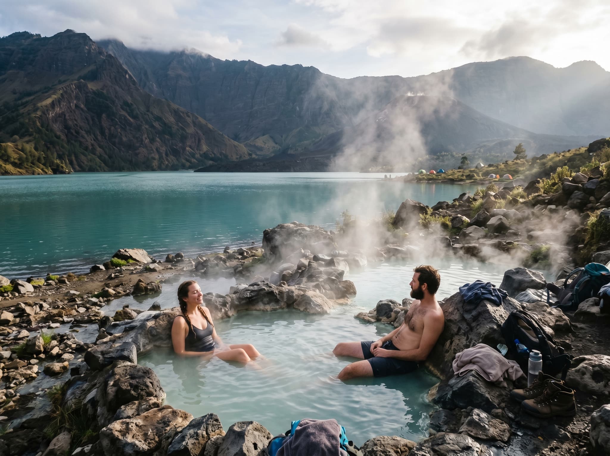 Hot springs at the edge of Segara Anak crater lake, Rinjani, Lombok — steam rising from thermal pools near the water's edge with the caldera walls in the background, representing the natural reward described in the article's crater lake section