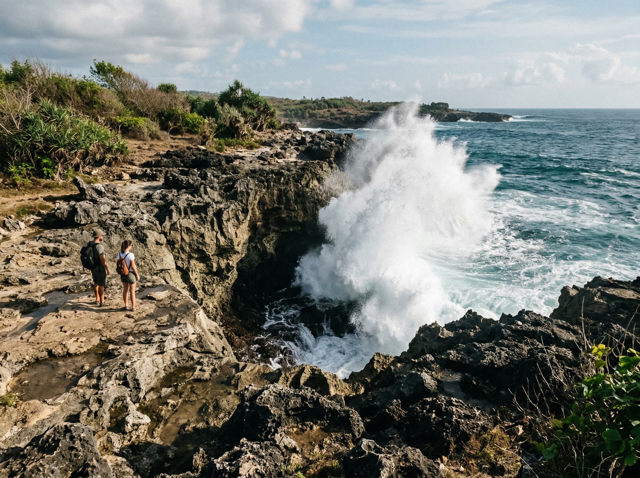 Visitors watching Devil's Tear from a safe distance on Nusa Lembongan — small figures on the rocky cliff shelf observing a spray eruption, conveying both the scale of the blowhole and the way travelers experience this exposed, unbarriered coastline