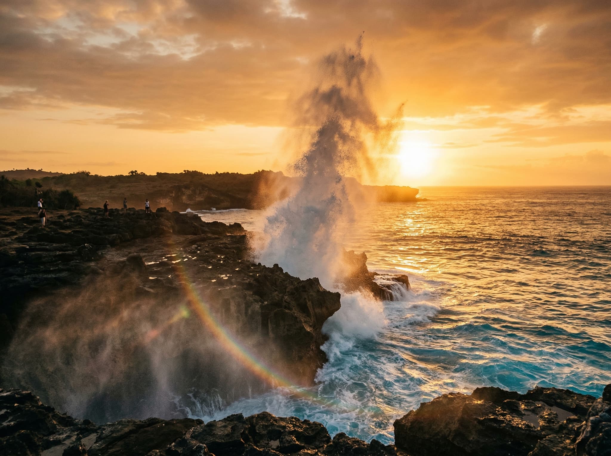 Devil's Tear at sunset on Nusa Lembongan — ocean spray backlit by warm golden-hour light refracting into a brief rainbow in the mist, the west-southwest-facing cliff catching direct low sun, illustrating the late-afternoon conditions the article describes as the most visually dramatic time to visit