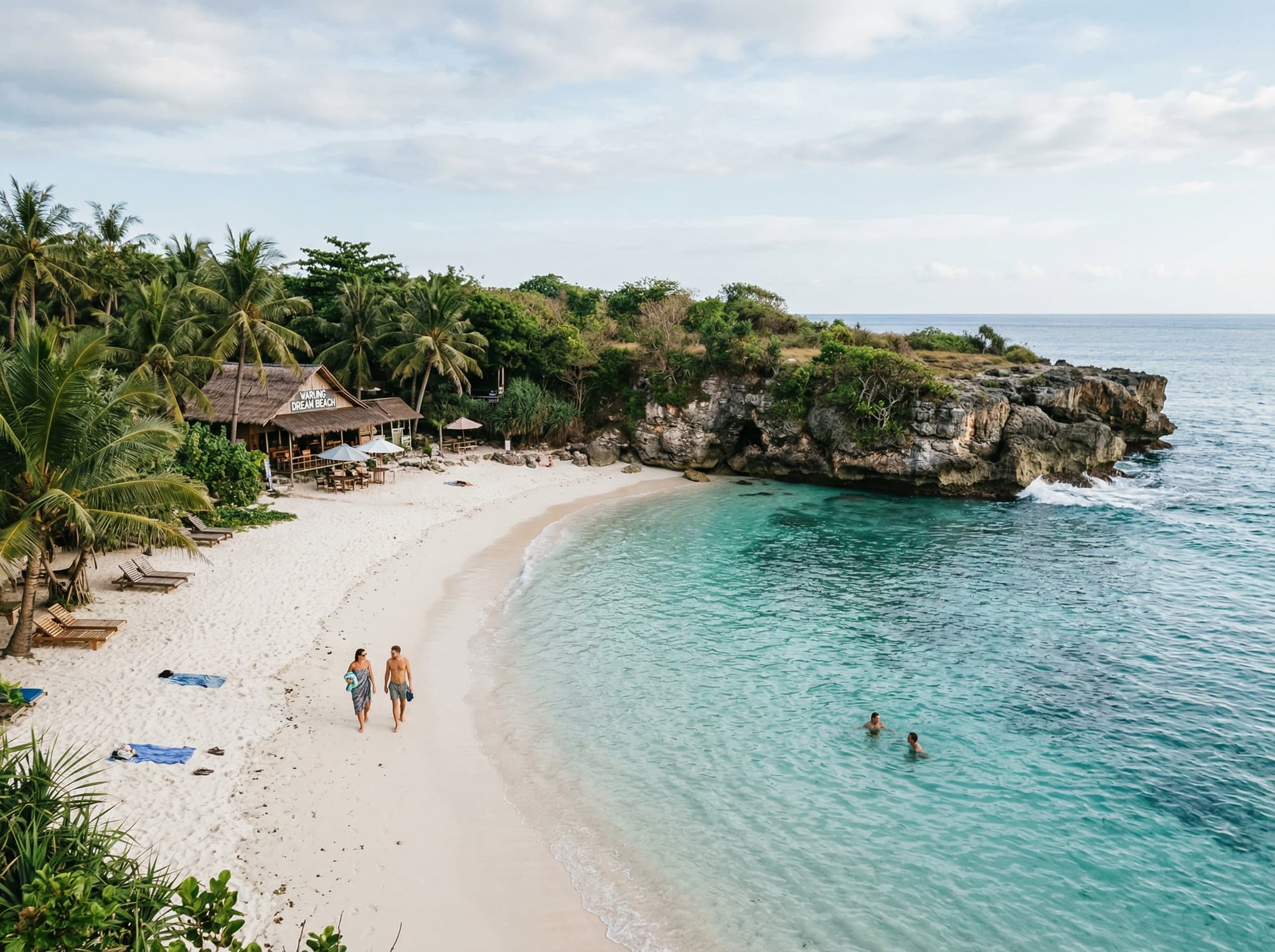 Dream Beach on Nusa Lembongan — the small white-sand cove a five-minute walk east of Devil's Tear, with clear water, a warung visible at the beach edge, and the sheltered calm that contrasts directly with the exposed violence of the blowhole described throughout the article