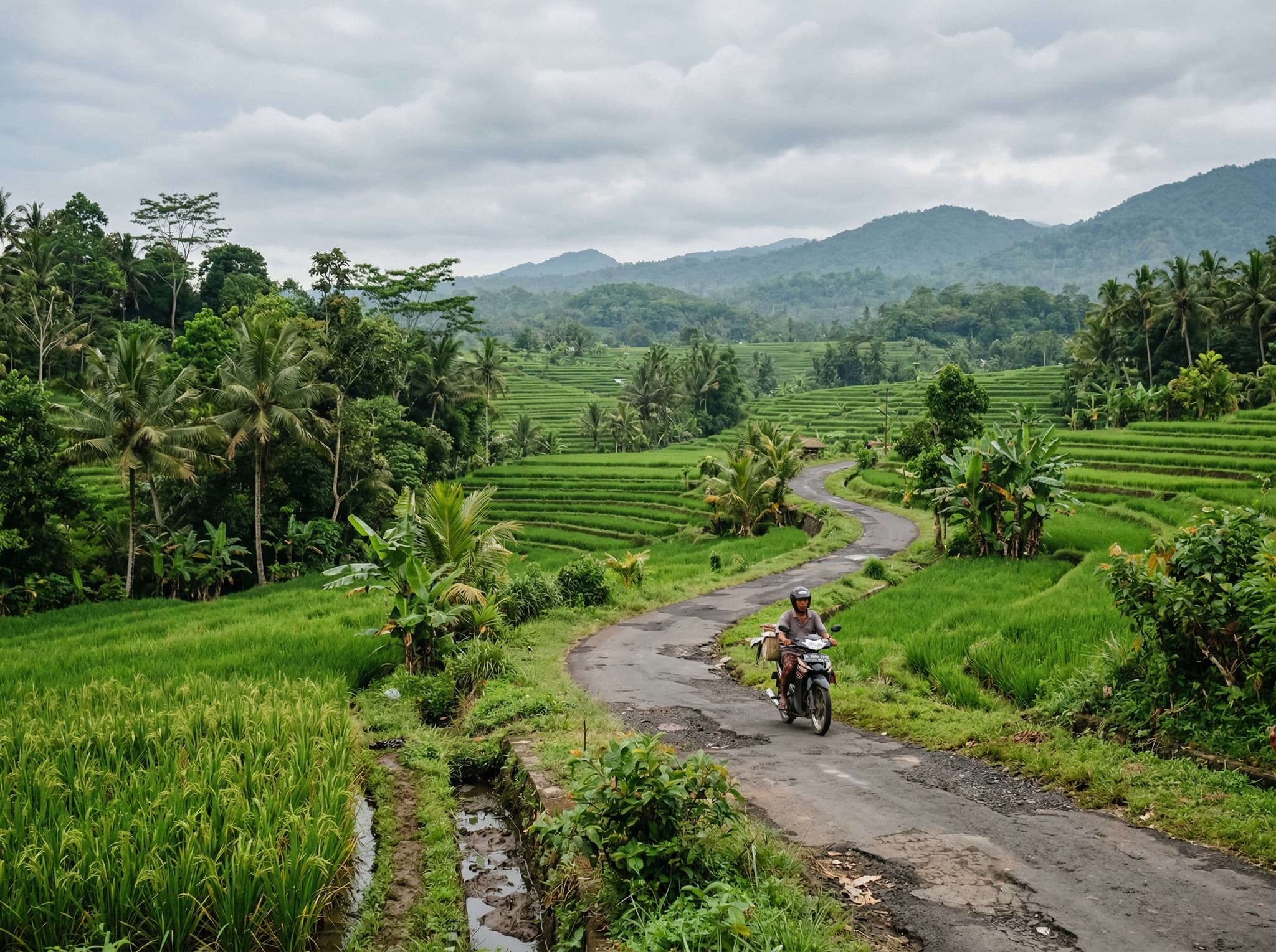 Rice terraces and rural landscape on the road between Candidasa and Tenganan village in Karangasem, Bali — representing the five-kilometer approach through east Bali's countryside that visitors travel by scooter, bicycle, or on foot to reach the village