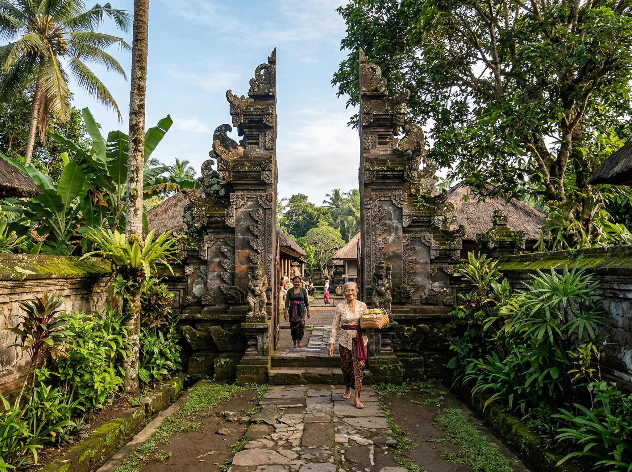 The stone-gated southern entrance to Tenganan Pegringsingan village, with traditional compound walls and tropical greenery framing the path into the village — representing the threshold visitors cross into this ancient Bali Aga community where no vehicles are permitted