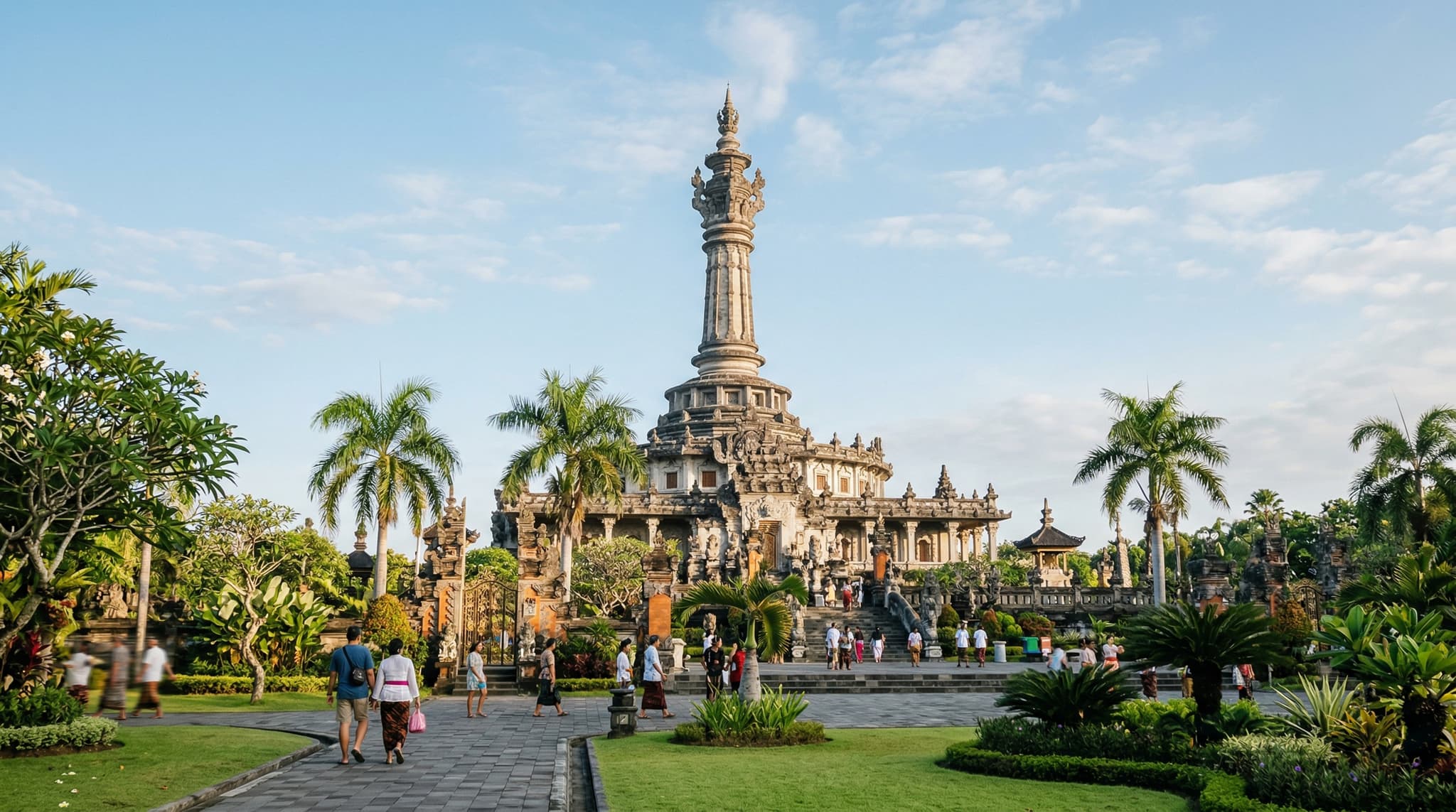 The Bajra Sandhi Monument rising 45 meters above Puputan Renon Park in Denpasar, Bali — a ceremonial bell-shaped tower commemorating Indonesian independence, surrounded by manicured grounds and open sky