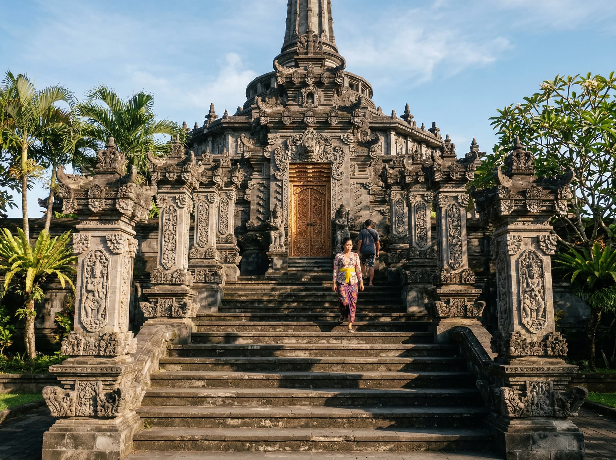 The Bajra Sandhi Monument's exterior architecture showing the symbolic staircase and pillars — the 17 entrance steps, 8 pillars, and 45-meter height encode the date of Indonesian independence: August 17, 1945
