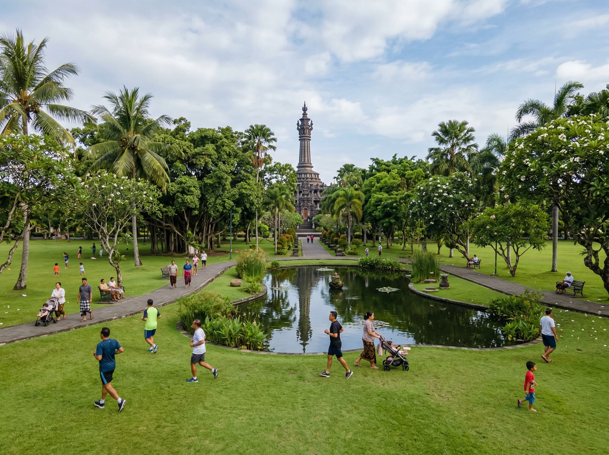 Puputan Renon Park surrounding the Bajra Sandhi Monument — 13.8 hectares of open green space with fish ponds and walking paths, recommended as a natural extension of a monument visit