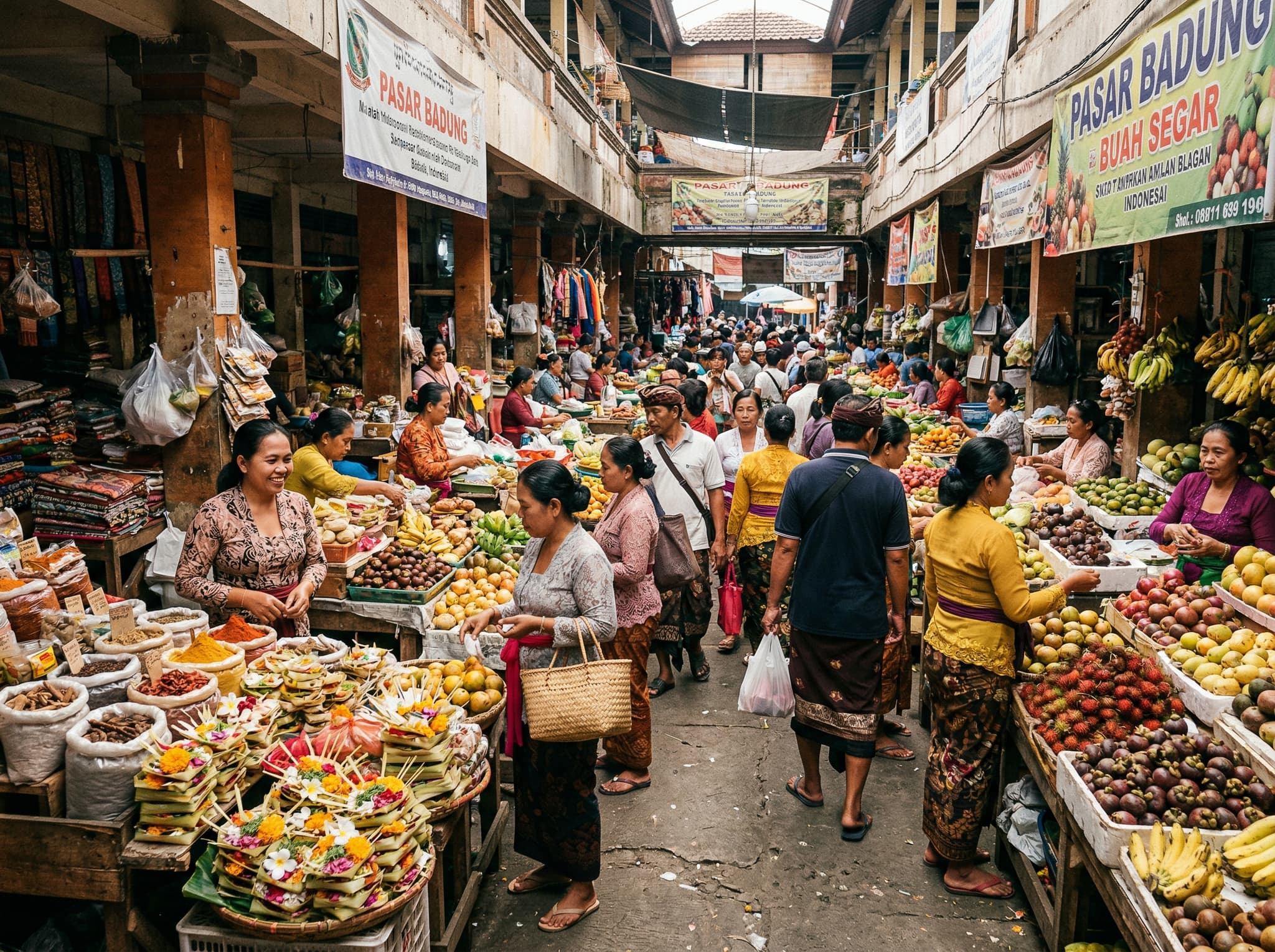 Pasar Badung traditional market in central Denpasar — Bali's largest traditional market, recommended as part of a half-day Denpasar itinerary alongside the Bajra Sandhi Monument