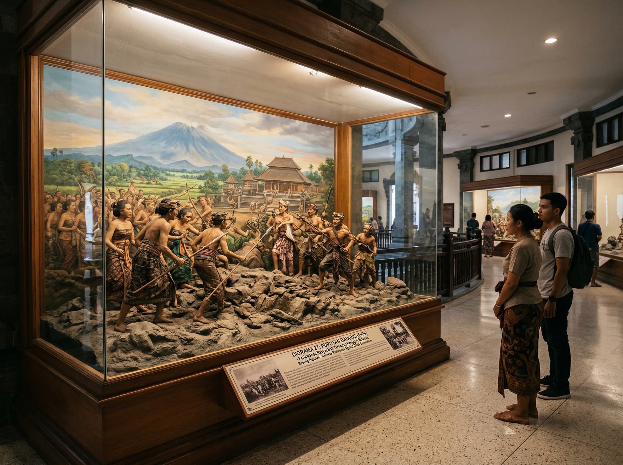 Interior diorama display inside the Bajra Sandhi Monument's second level, depicting scenes from Balinese history including the Puputan Wars — the primary reason to visit the monument