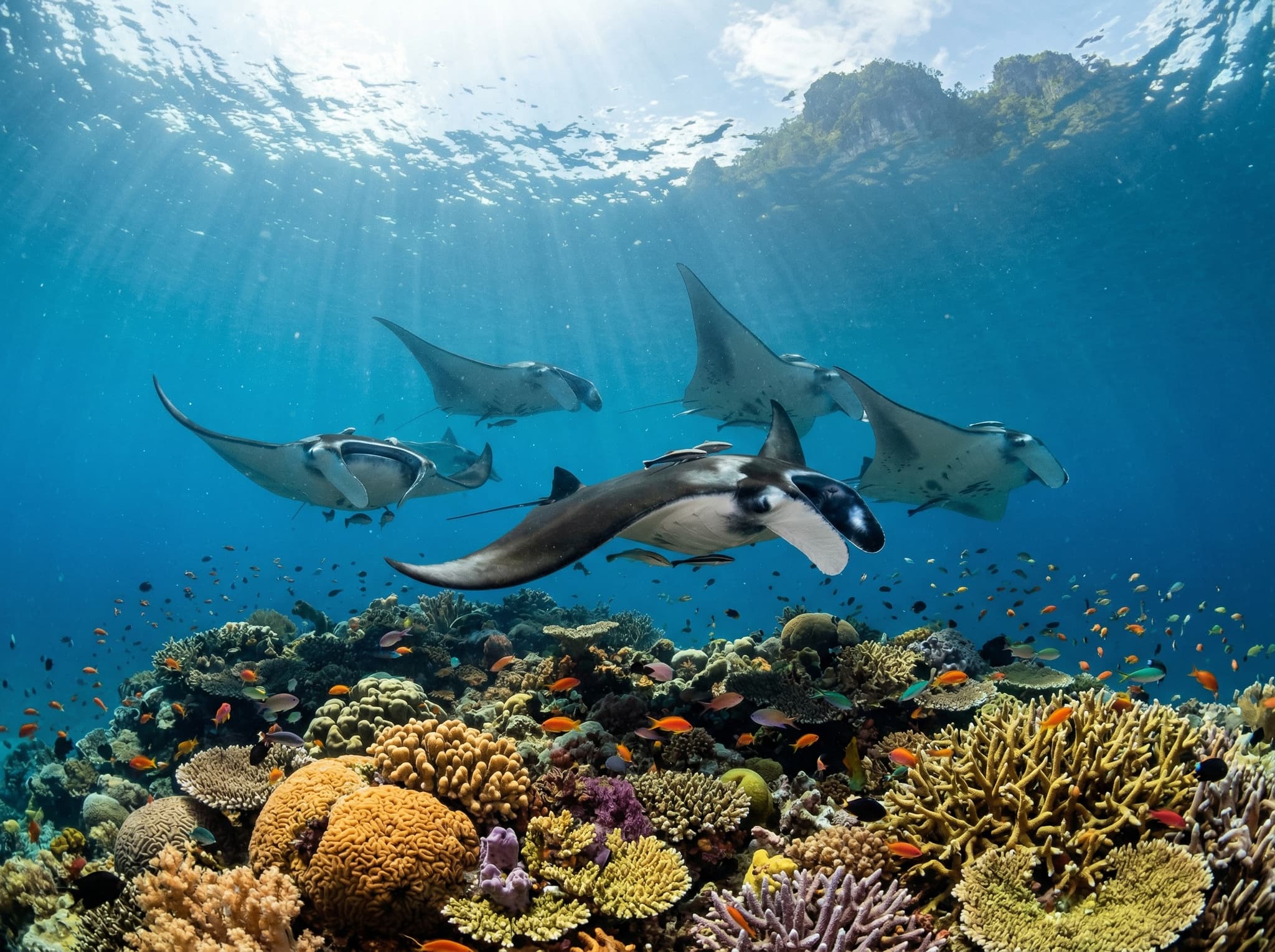 Multiple manta rays circling above a coral reef in clear blue water, showing the schooling behavior that occurs at active cleaning stations in Raja Ampat's marine protected area