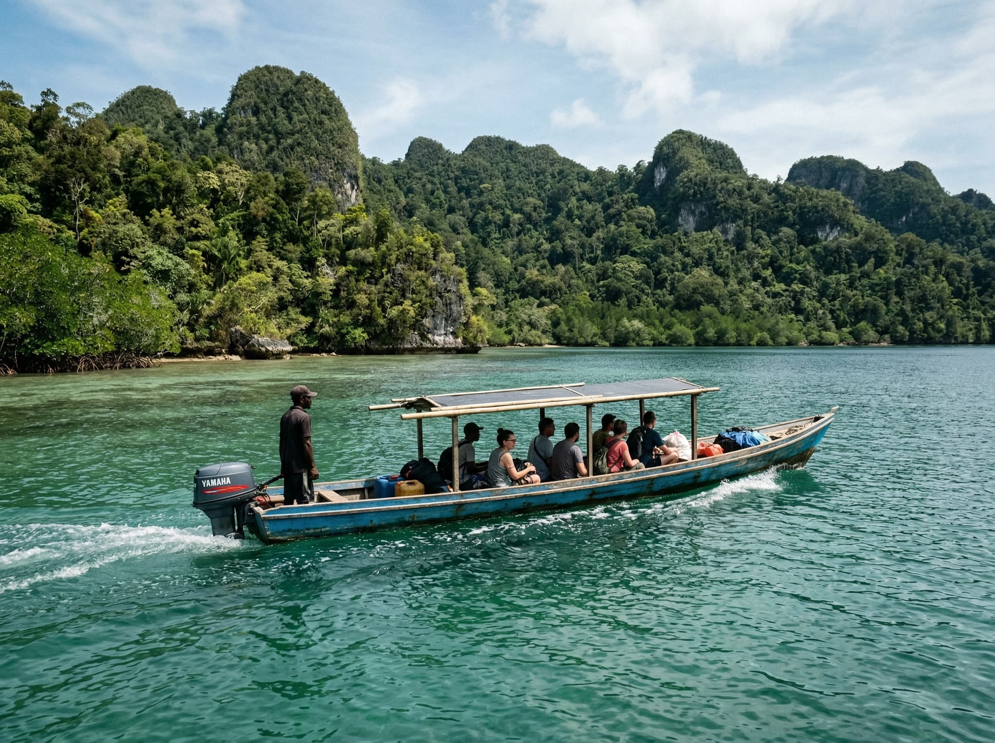 A wooden longboat on the water near Waisai harbor, Waigeo Island, Raja Ampat — the kind of chartered vessel travelers must arrange to reach the remote northern coast where Pantai Saleo sits, illustrating the logistical journey described in the Getting There section.