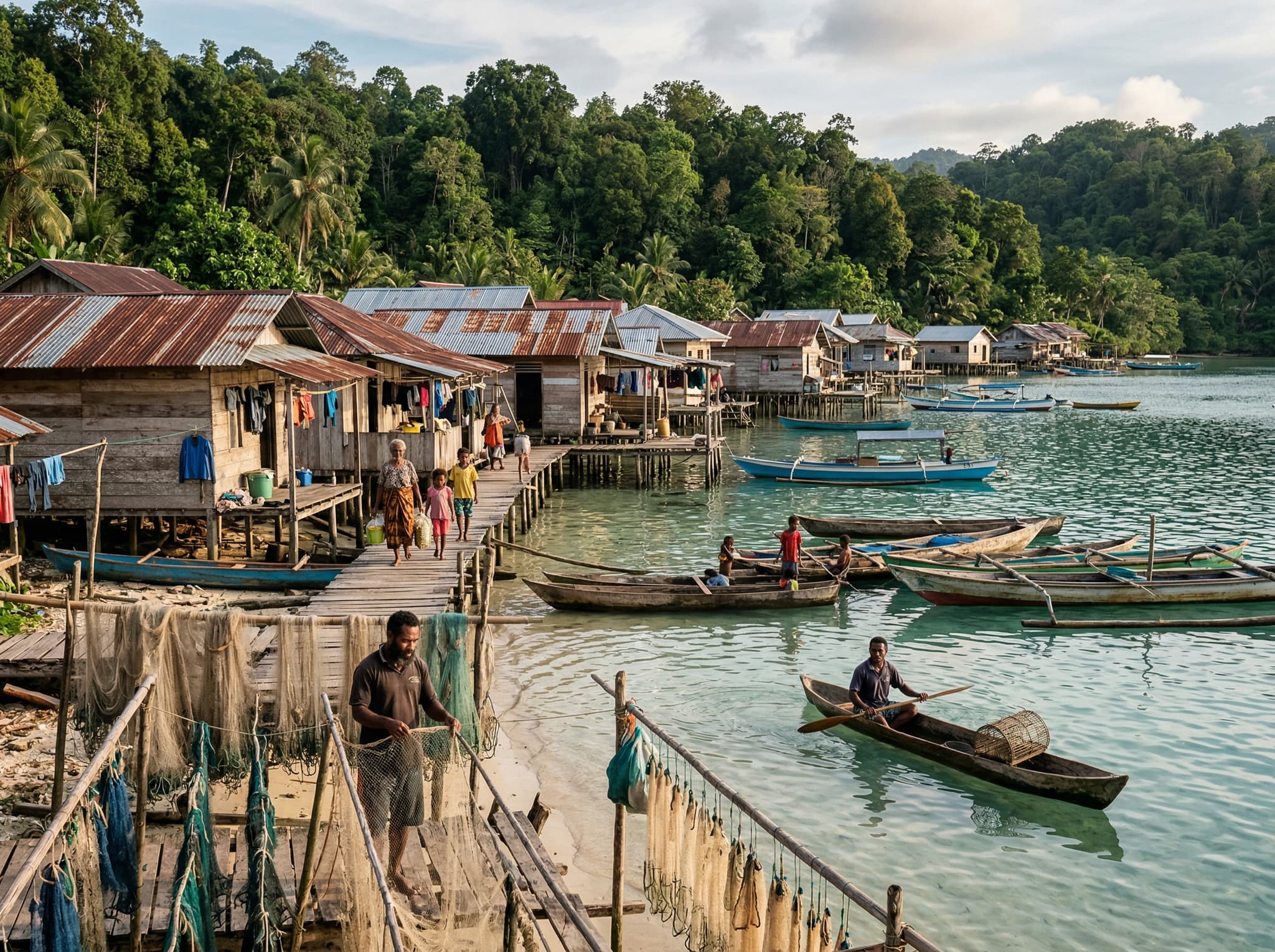 A small traditional village on the edge of the sea in Raja Ampat — wooden stilted homes, fishing nets, and a handful of local residents — representing Saleo village, the community-managed homestay settlement adjacent to the beach that anchors the article's discussion of Raja Ampat's community tourism model.
