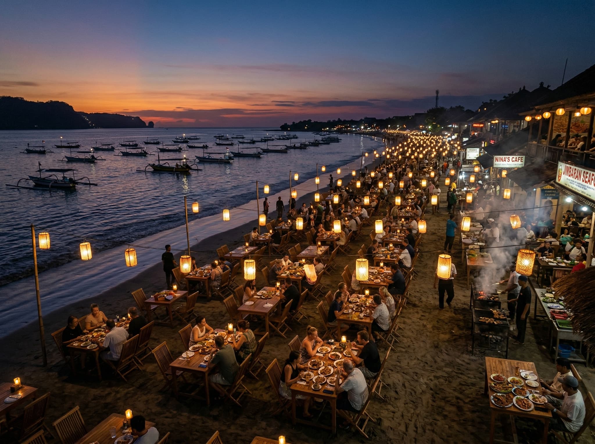 Jimbaran Bay at dusk with rows of seafood warungs lit by lanterns along the beach, tables set in the sand and fishing boats visible in the calm water — evoking the beachside dining tradition the article describes as a Bali institution on the isthmus between the Bukit and mainland.