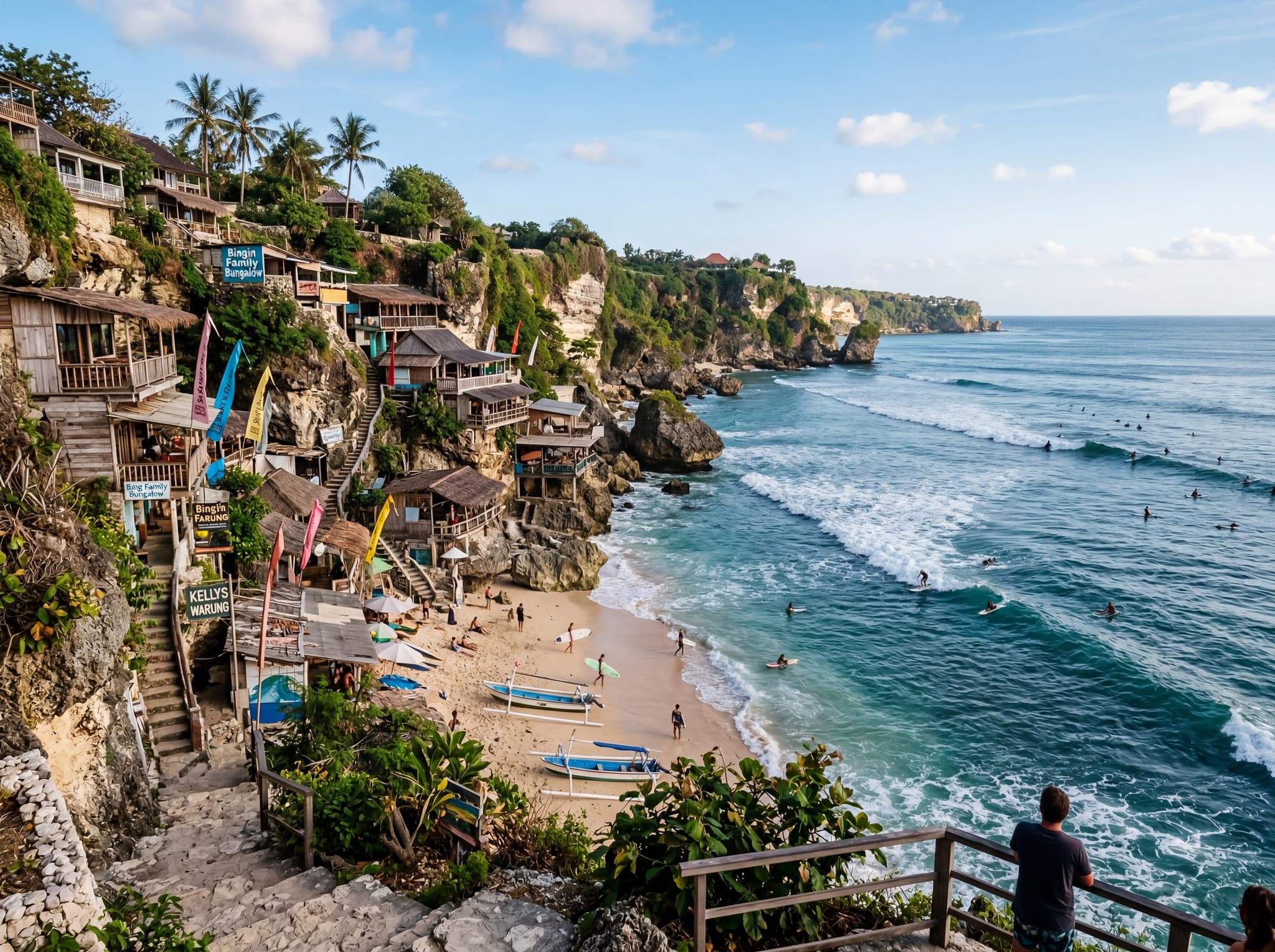 Bingin Beach viewed from the cliffside, showing the small sheltered cove below limestone bluffs with warungs and simple guesthouses visible on the terraced cliff face — representing the laid-back surf culture the article contrasts with the more developed eastern coast.
