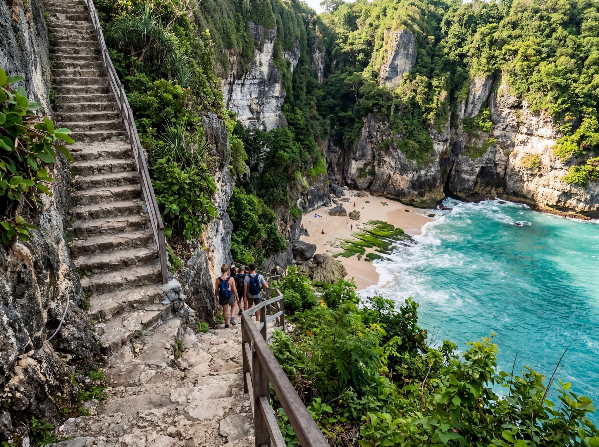 Green Bowl Beach seen from the top of the steep limestone staircase descending to the secluded cove below, conveying the physical effort and dramatic isolation that keeps casual visitors away — as described in the article's section on the Bukit's quieter southern reaches.
