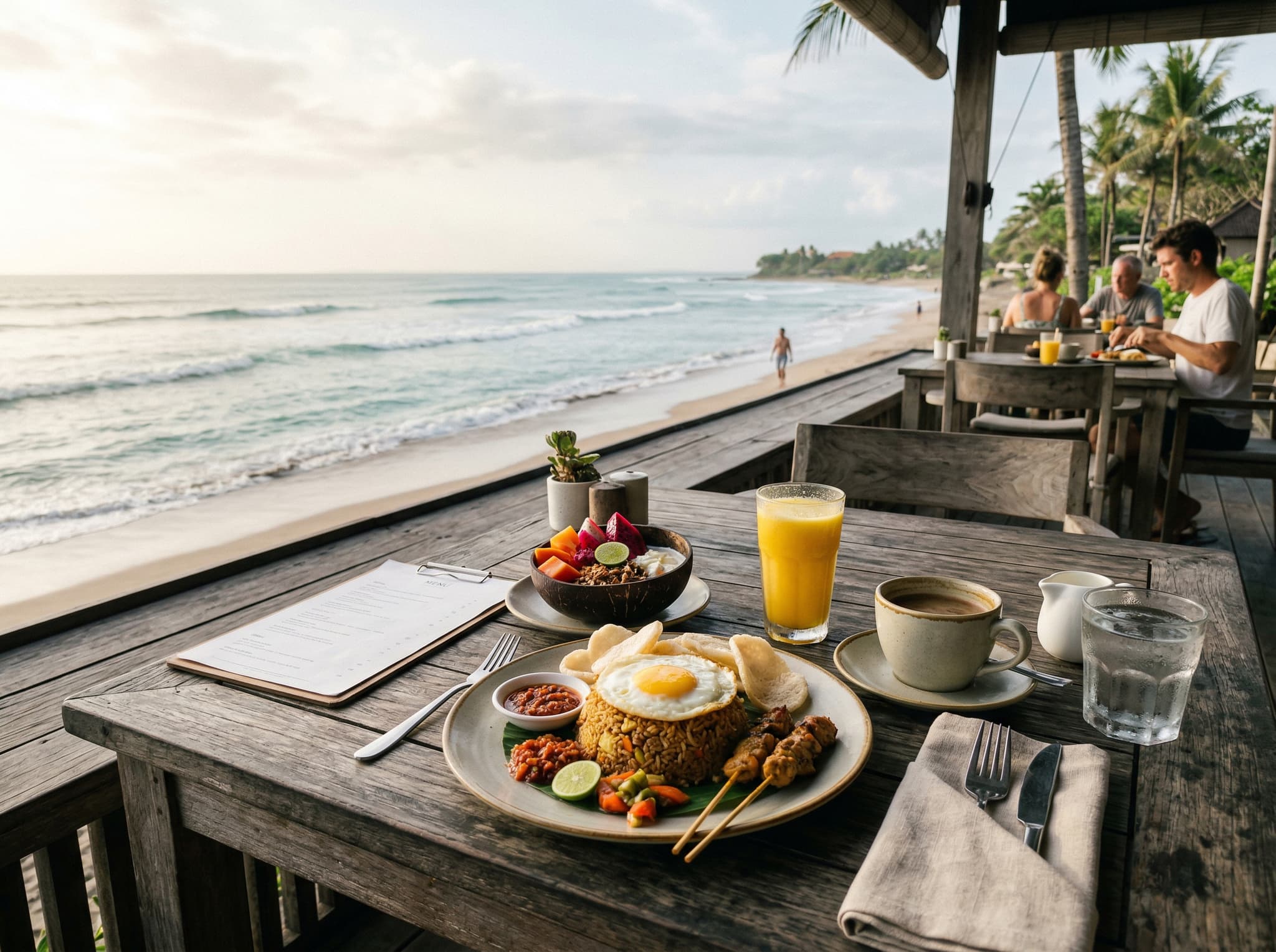 A breakfast or brunch spread at a beachfront table at Ku De Ta, Seminyak — ocean-facing setting in the uncrowded morning hours, food and coffee on the table, warm early light. Supports the article's recommendation of breakfast as the best value entry point.