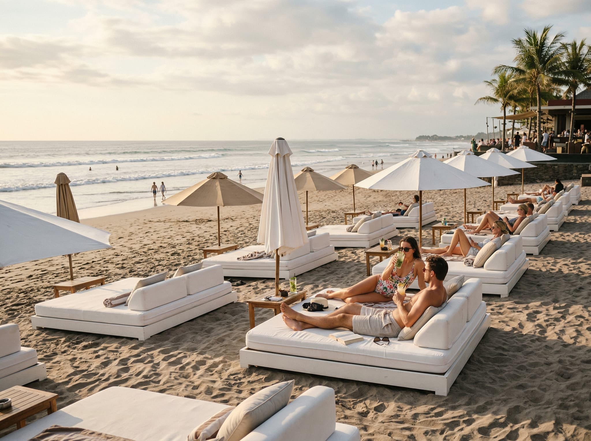 Beachfront daybeds at Ku De Ta, Seminyak — white loungers arranged on the sand facing the Indian Ocean, guests relaxing with drinks, afternoon light. Illustrates the daybed seating arrangement and minimum-spend context described in the Daybeds section.