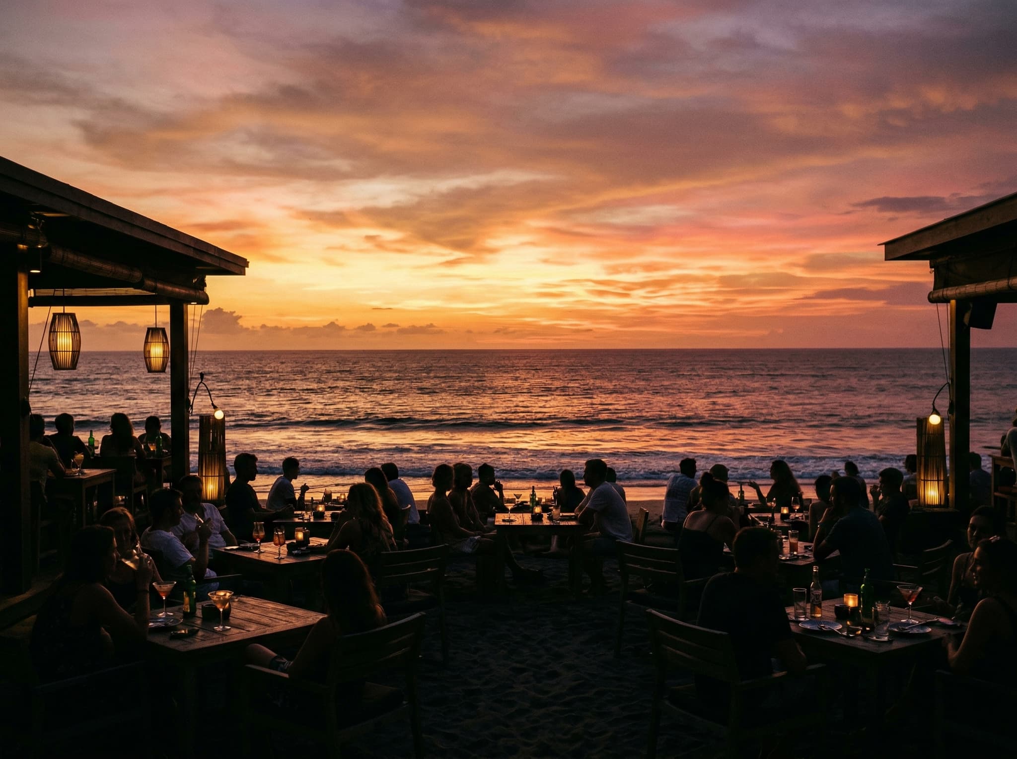 The Seminyak beach sunset viewed from Ku De Ta's beachfront — the Indian Ocean horizon lit in deep gold and copper tones, silhouettes of seated guests in the foreground with cocktails. The visual centerpiece of the article's sunset section and the primary reason most visitors come.