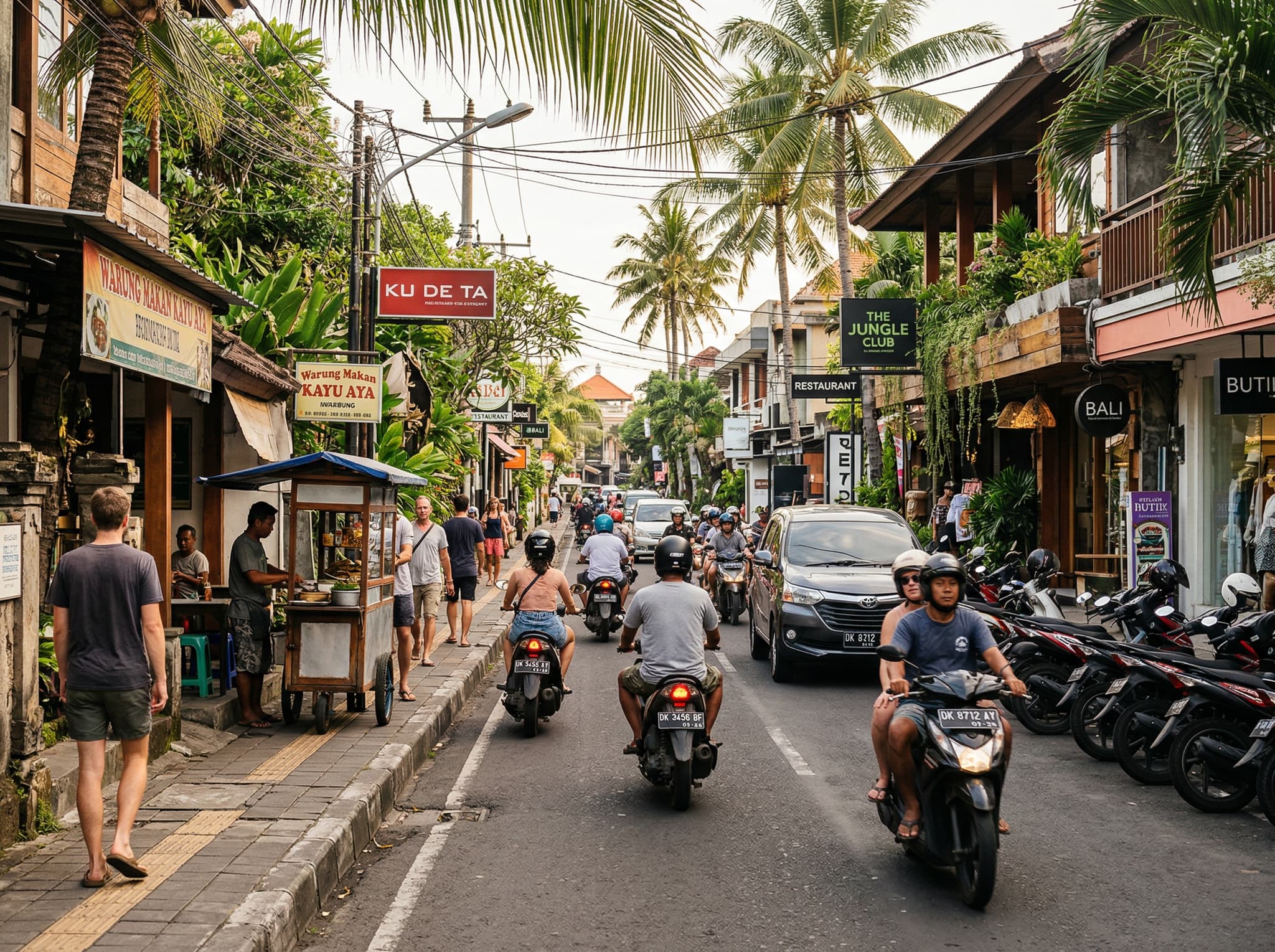 Jalan Kayu Aya street scene in Seminyak, Bali — the road leading to Ku De Ta's main entrance, showing the neighborhood context: scooters, tropical vegetation, low-rise shopfronts. Supports the Getting There section and helps readers orient themselves.
