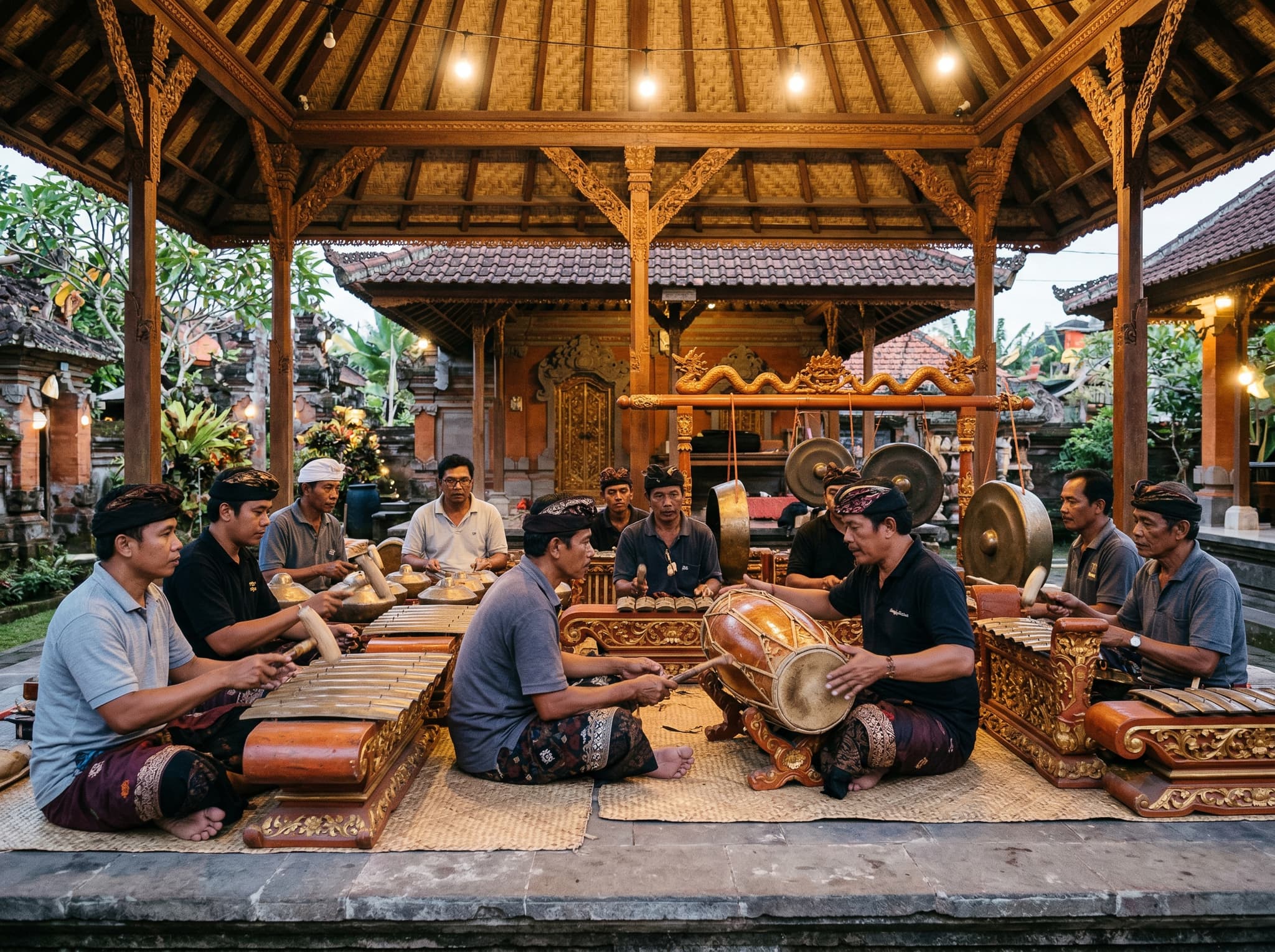 A Balinese village gamelan rehearsal in an open-air pavilion (bale banjar) — musicians playing bronze instruments in a traditional community pavilion at dusk, representing the article's closing image of authentic village cultural life that persists outside the tourist center