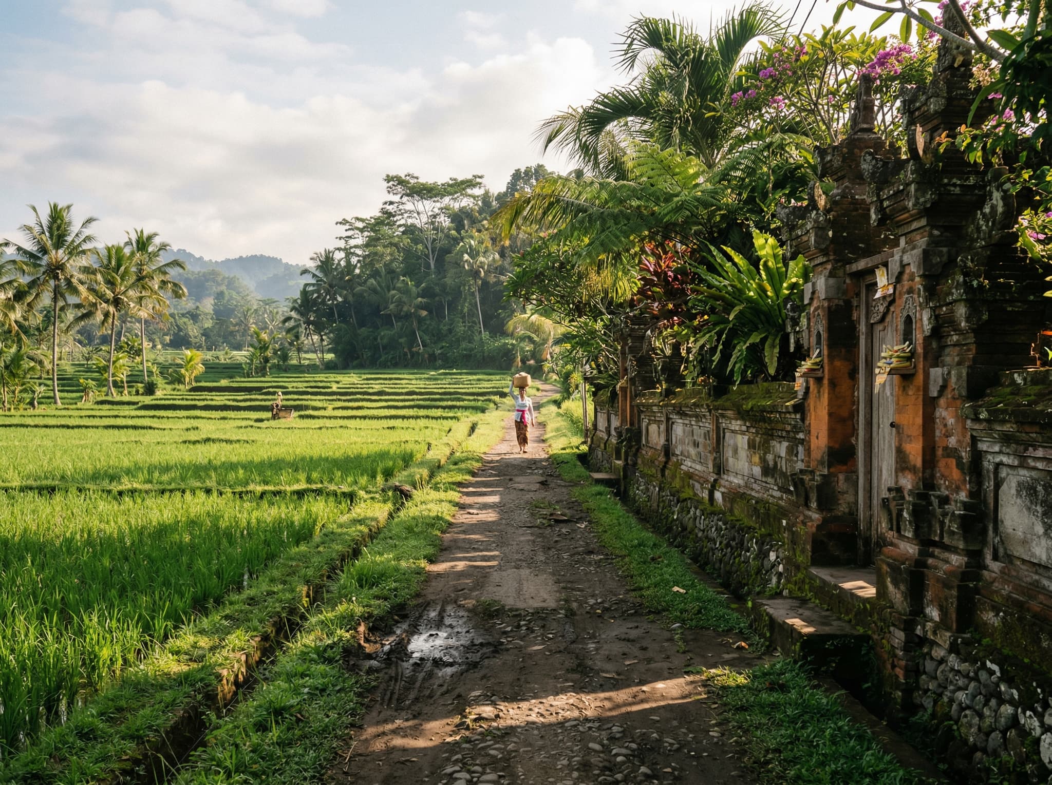 Nyuh Kuning village lane south of Ubud — a quiet narrow path between rice fields and traditional compound walls, representing the article's contrast between the tourist center and the calmer southern neighborhoods