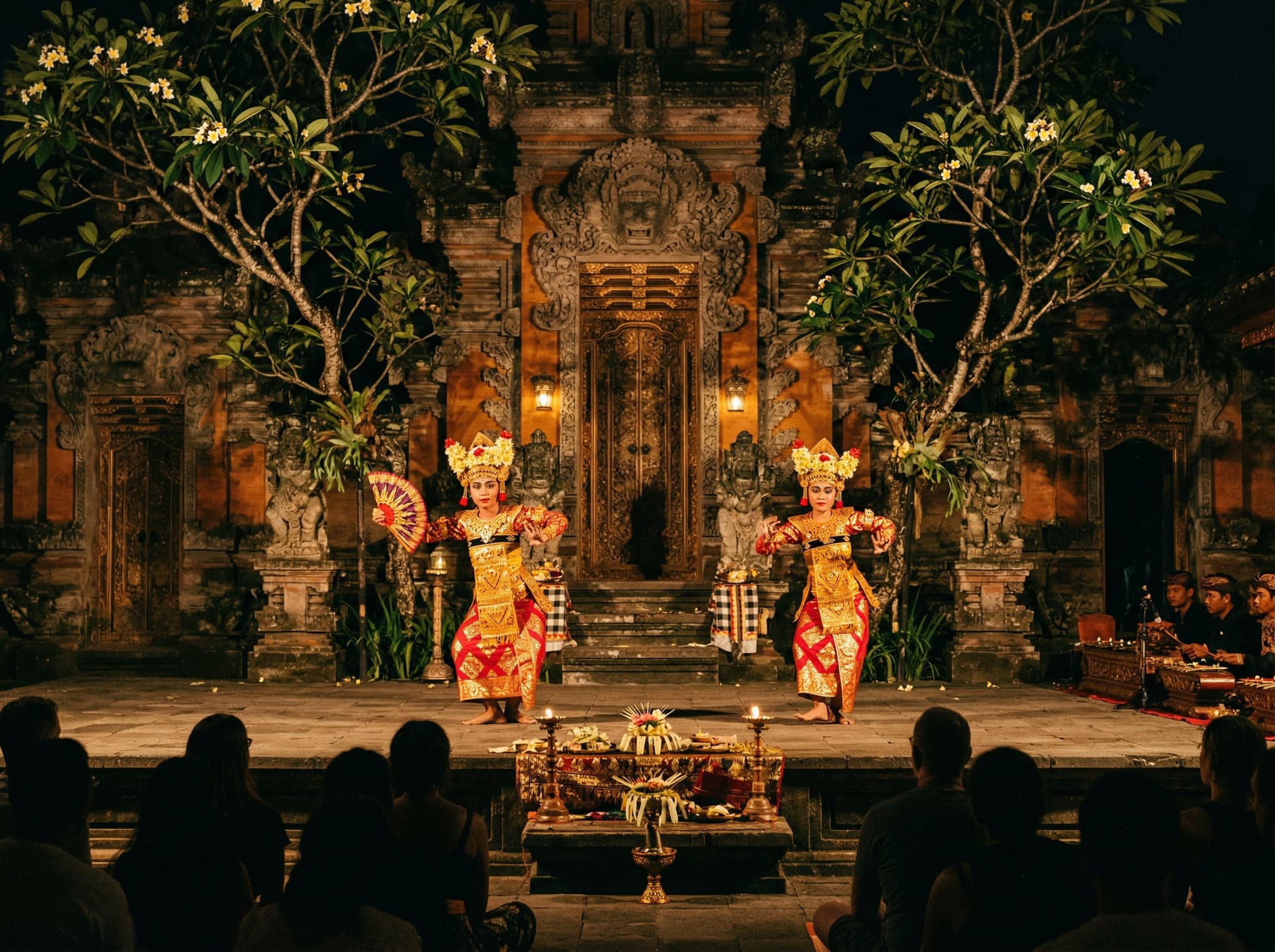 Ubud Palace (Puri Saren) courtyard at night during a Legong dance performance — carved stone gates and frangipani trees lit by warm stage light, illustrating the article's recommendation of the palace as central Ubud's most worthwhile cultural experience