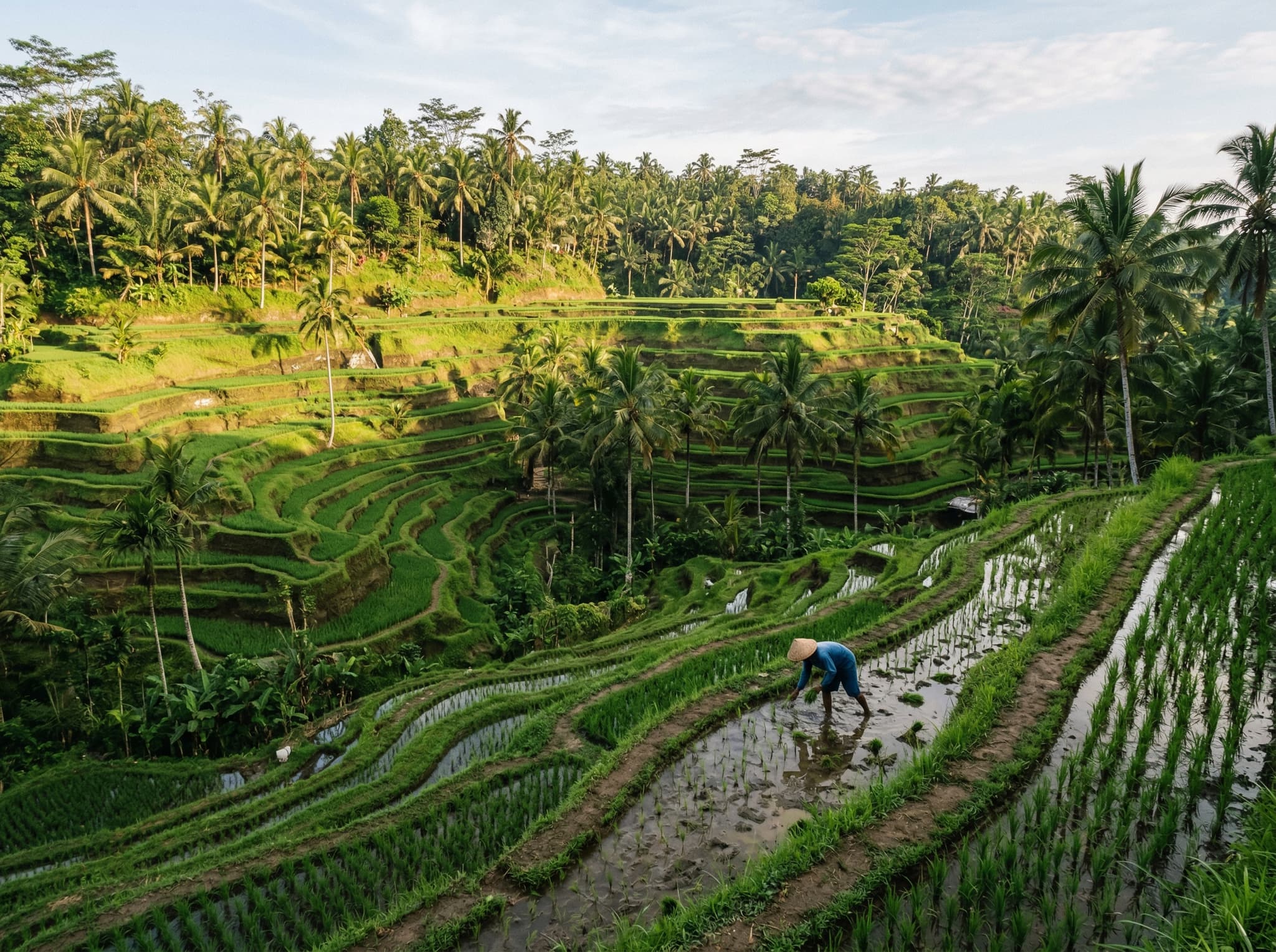 Tegallalang Rice Terraces in early morning before the crowds — cascading green paddies carved into the hillside north of Ubud, illustrating the article's nuanced recommendation to arrive before 9 AM and its honest assessment of commercialization