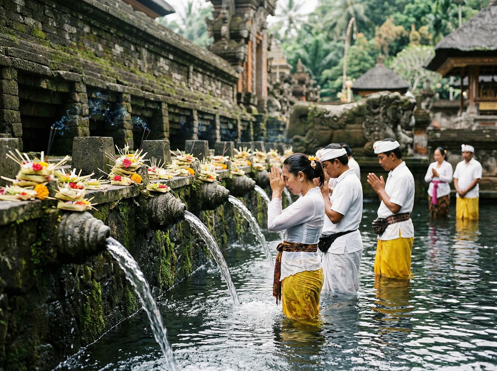 Tirta Empul Temple purification pools — Balinese Hindu worshippers performing the ritual bathing sequence at the sacred spring fountains, illustrating the article's description of the temple as a genuine active ritual site rather than a tourist attraction