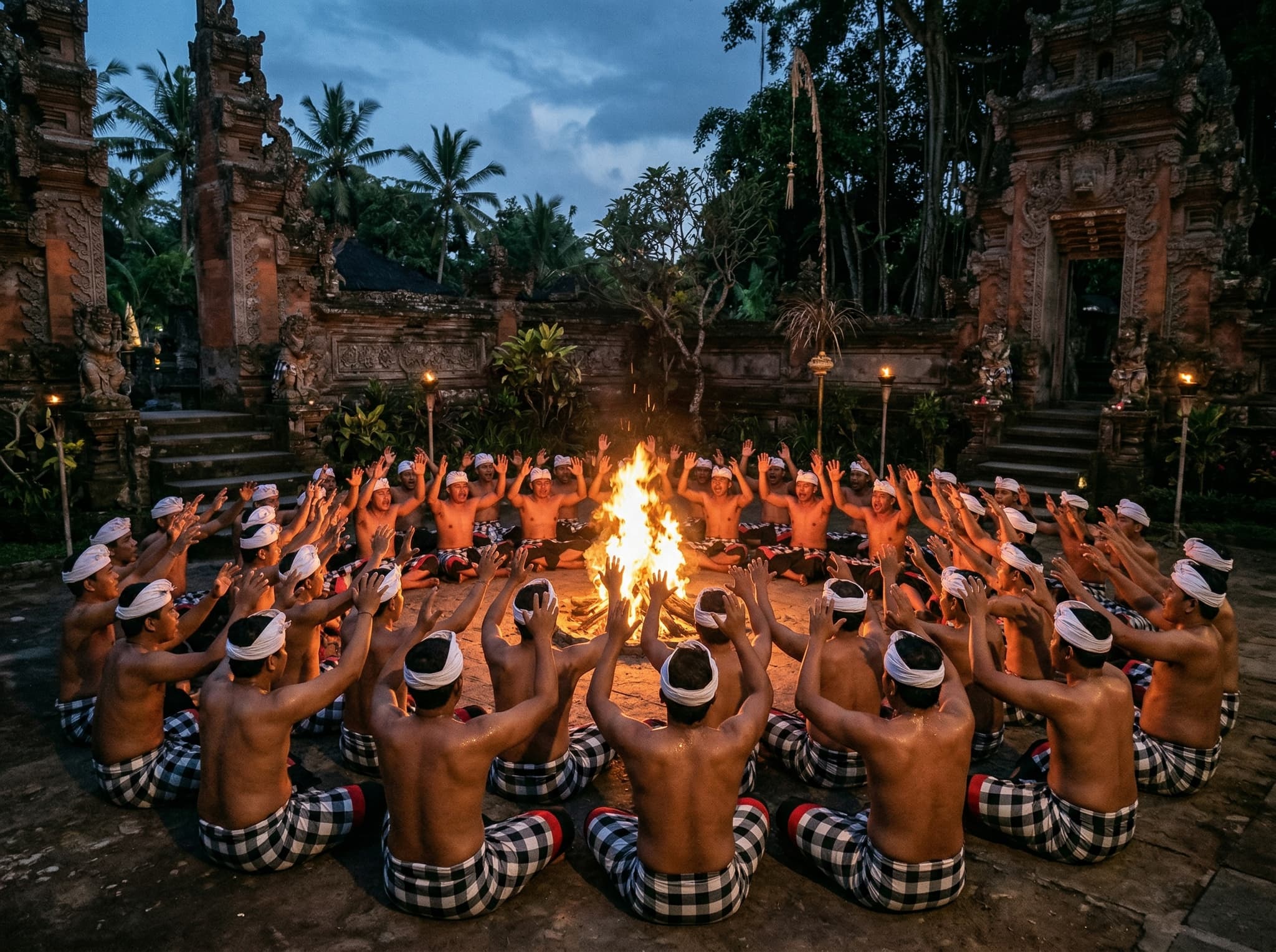 Kecak Fire Dance performance at Pura Dalem Ubud — dozens of bare-chested men in black-and-white checked cloth chanting in concentric circles around a central fire at dusk, representing one of Ubud's most distinctive cultural experiences