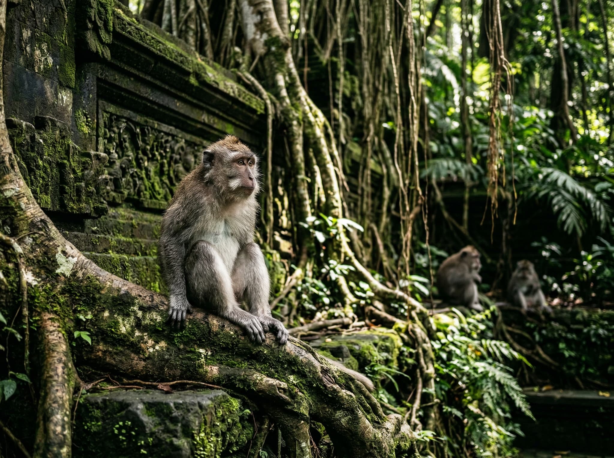 Sacred Monkey Forest Sanctuary in Ubud — long-tailed macaques among moss-covered temple stones and banyan tree roots, illustrating the article's honest assessment of the sanctuary as atmospheric but managed