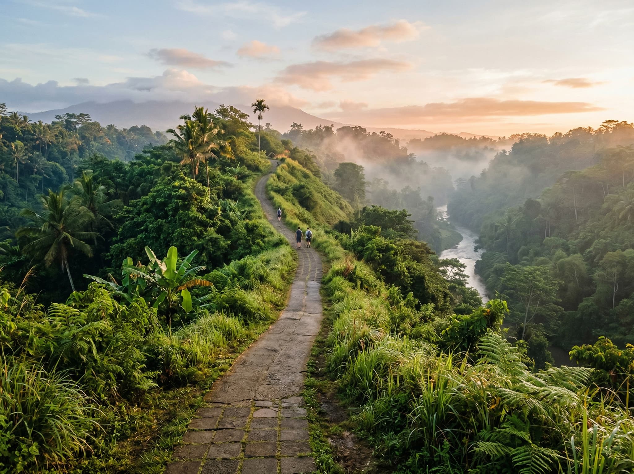 Campuhan Ridge Walk at sunrise — a narrow paved path running along a jungle ridge between two river valleys northwest of Ubud, illustrating the article's description of the walk as a brief but beautiful morning ritual