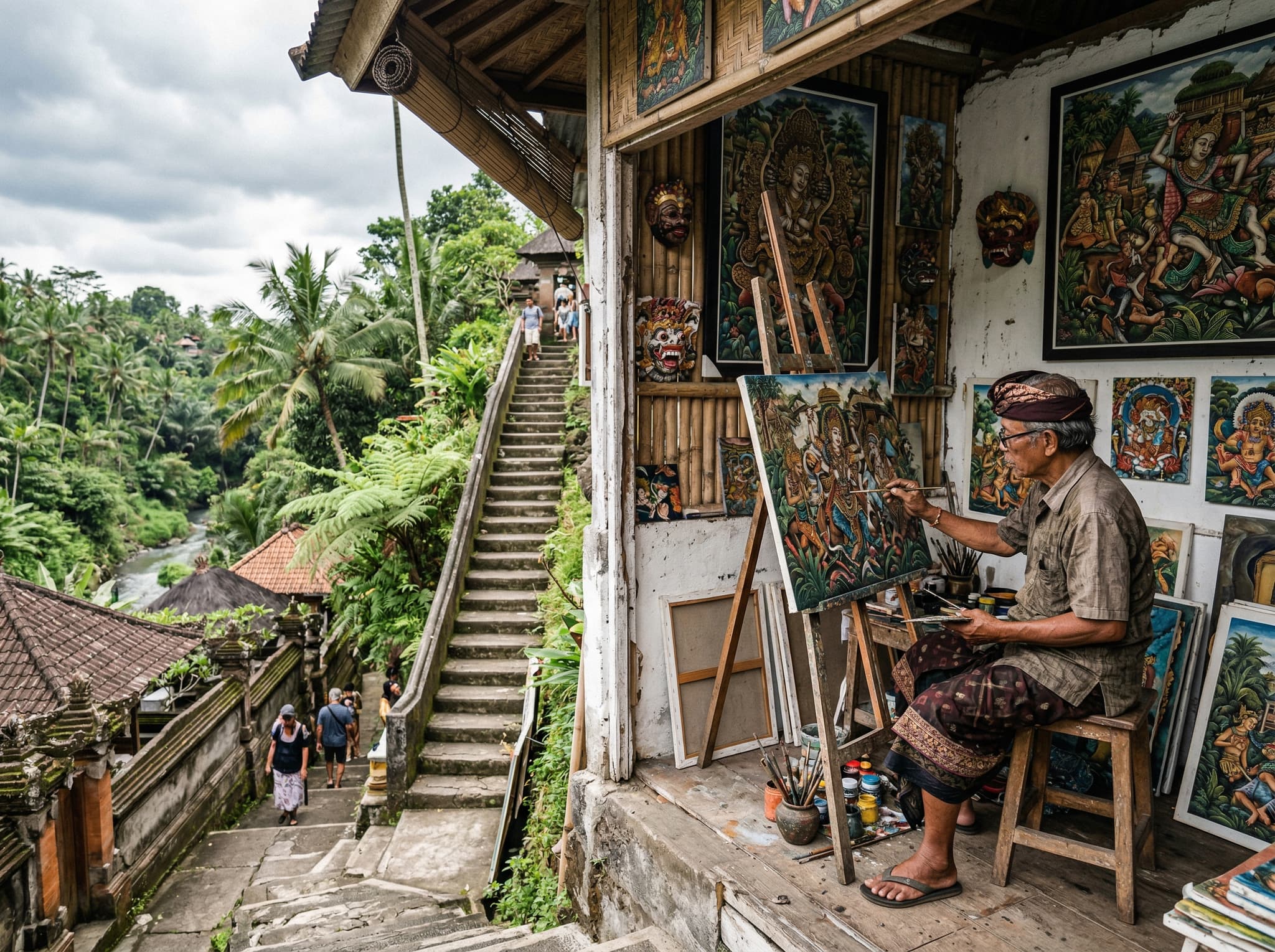 Penestanan village above Campuhan — a small Balinese painting gallery or artist's studio with canvases visible, representing the article's description of the historic painters' village and its bohemian creative character