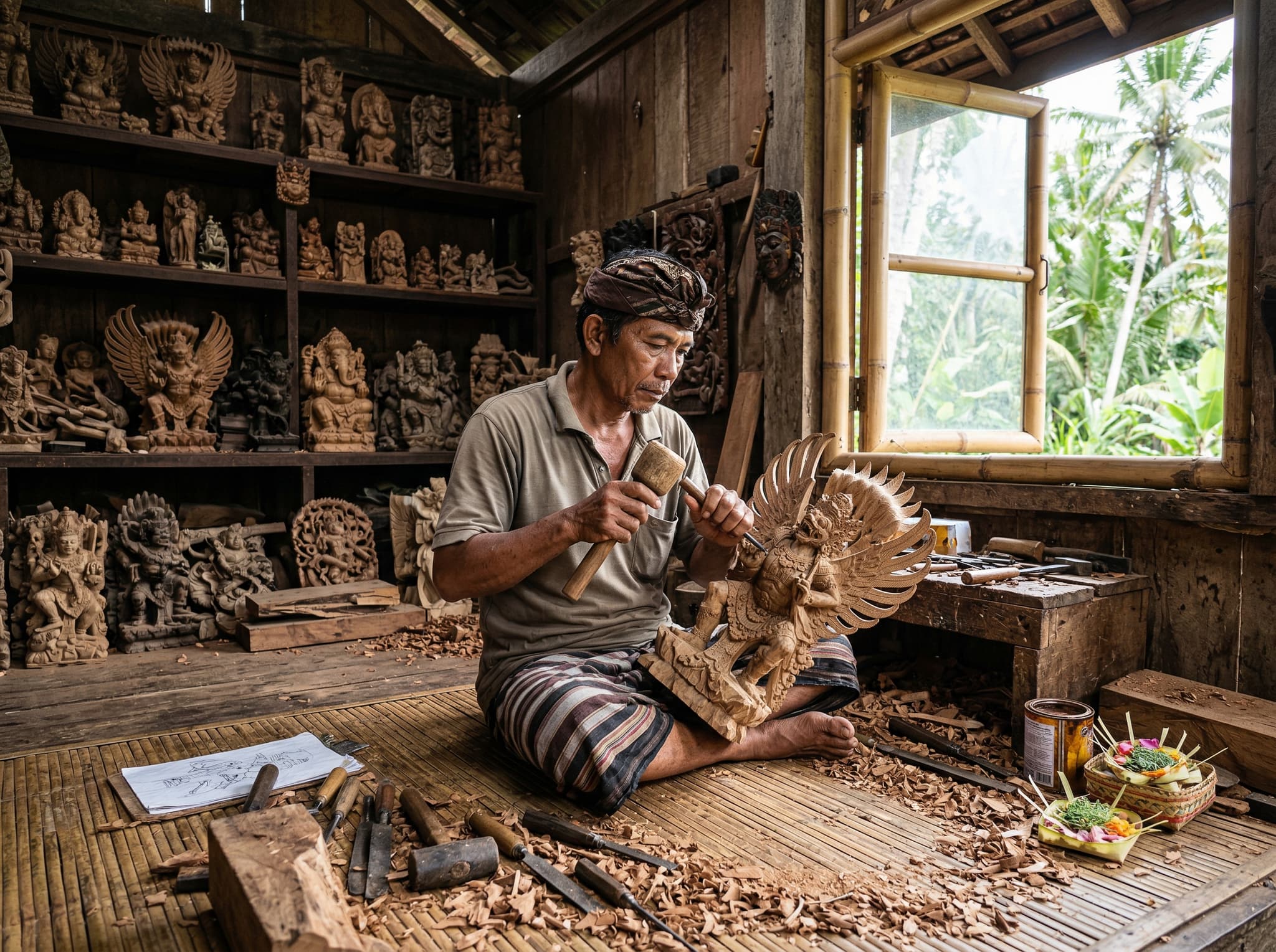 A woodcarving workshop in Mas village south of Ubud — a Balinese craftsman carving a wooden figure by hand in a family workshop, illustrating the article's description of Mas as Bali's multigenerational woodcarving center
