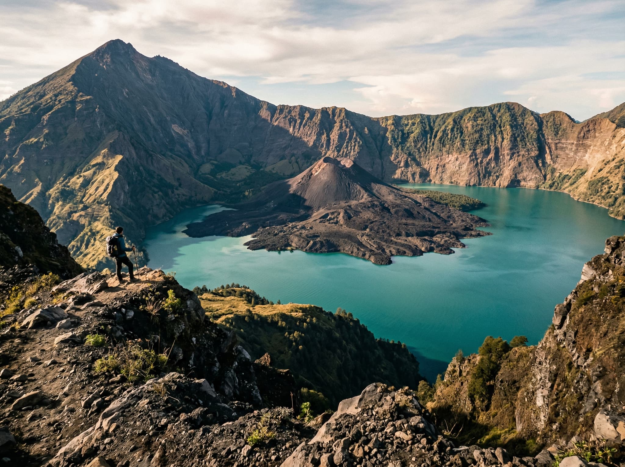 View from Mount Rinjani's crater rim looking down toward Segara Anak lake with the Barujari inner cone visible — showing the dramatic moment the article describes when the caldera opens without warning after hours in the forest