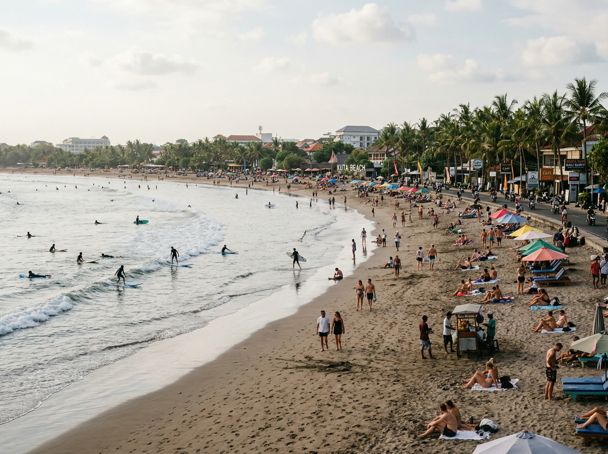 Kuta Beach in Bali — the wide sandy beach approximately 100 meters from Kuta Art Market, with surfers and beachgoers in the frame. Contextualizes the market's prime location and supports the article's point that the market's main advantage is its proximity to Kuta Beach.