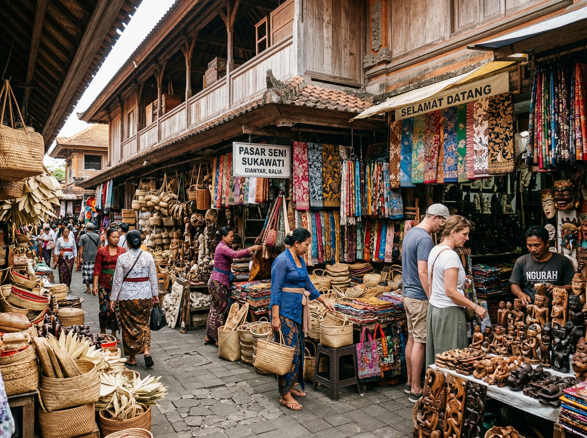 Sukawati Art Market in Sukawati, Bali — a more traditional market with handcrafted goods, woven baskets, and authentic batik textiles. Visually supports the article's recommendation of Sukawati as a superior alternative with genuine artisan character and less tourist markup.
