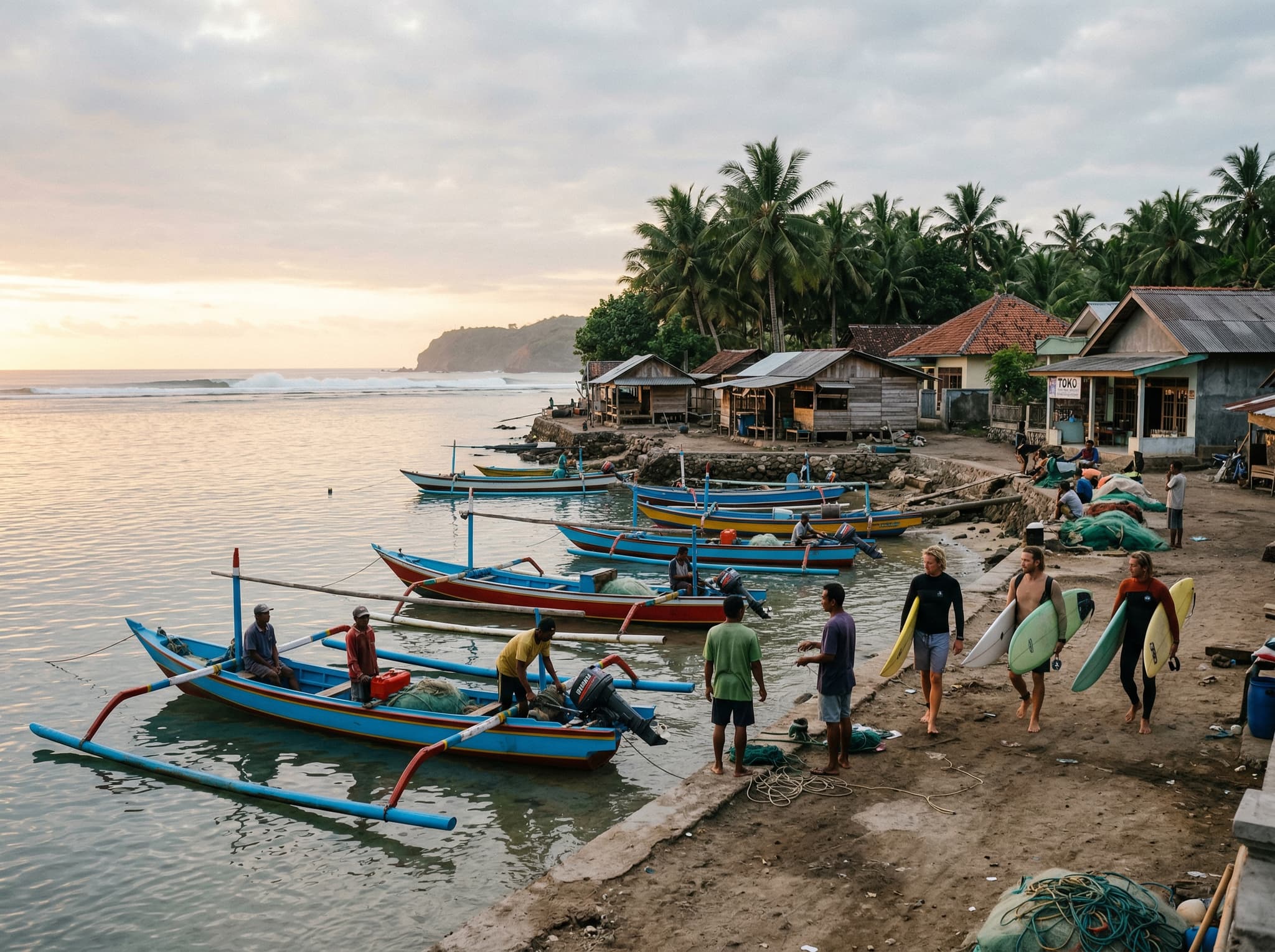 Early morning on the Gerupuk village waterfront with boatmen preparing their outriggers at the shore, capturing the pre-dawn logistics described in the article — showing up at 6:30 AM to arrange a boat to the breaks.