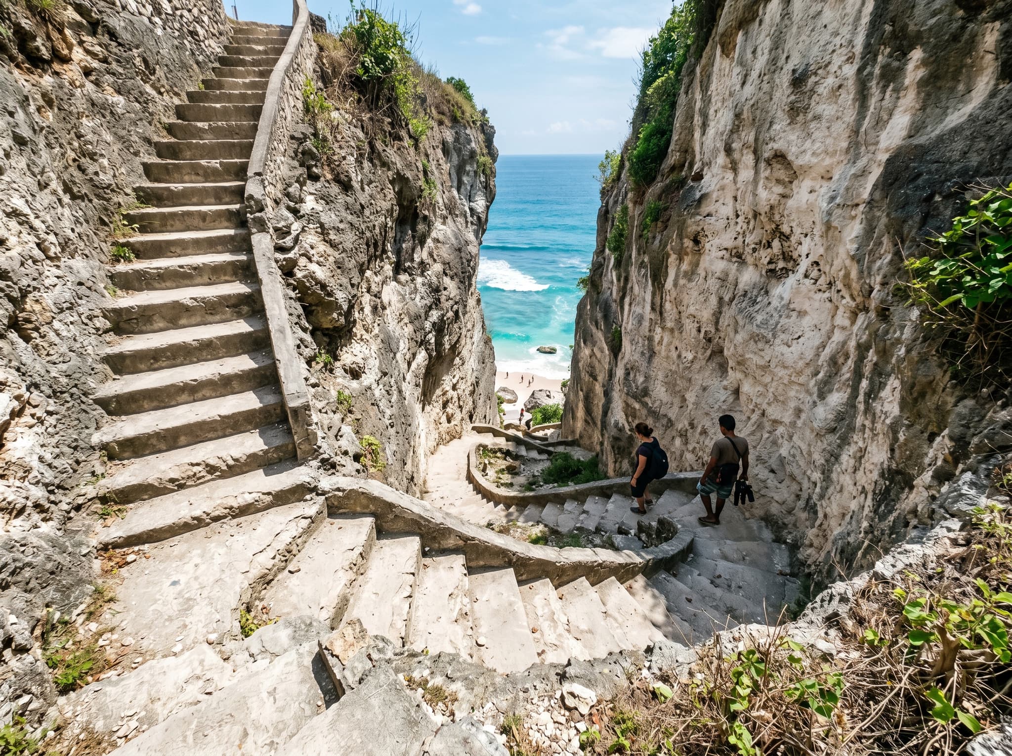 The concrete staircase descending the limestone cliff face to Gunung Payung Beach — steep, narrow, sun-exposed steps carved into the rock, showing the physical commitment required to reach the beach