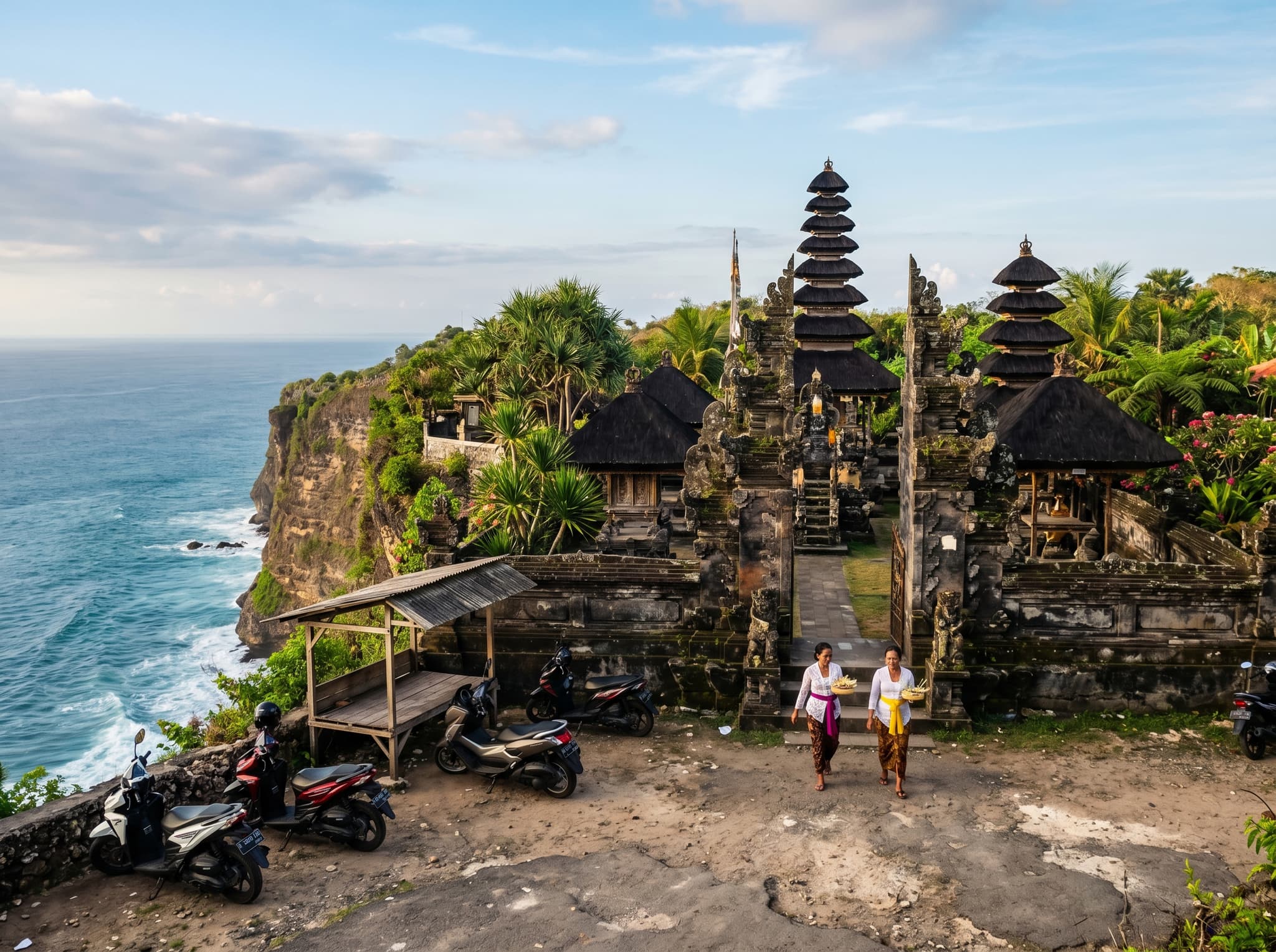 Pura Gunung Payung temple at the cliff top near the beach parking area — a traditional Balinese Hindu temple with tiered meru shrines against a backdrop of sky and cliff edge, contextualizing the spiritual and geographic setting of the beach approach