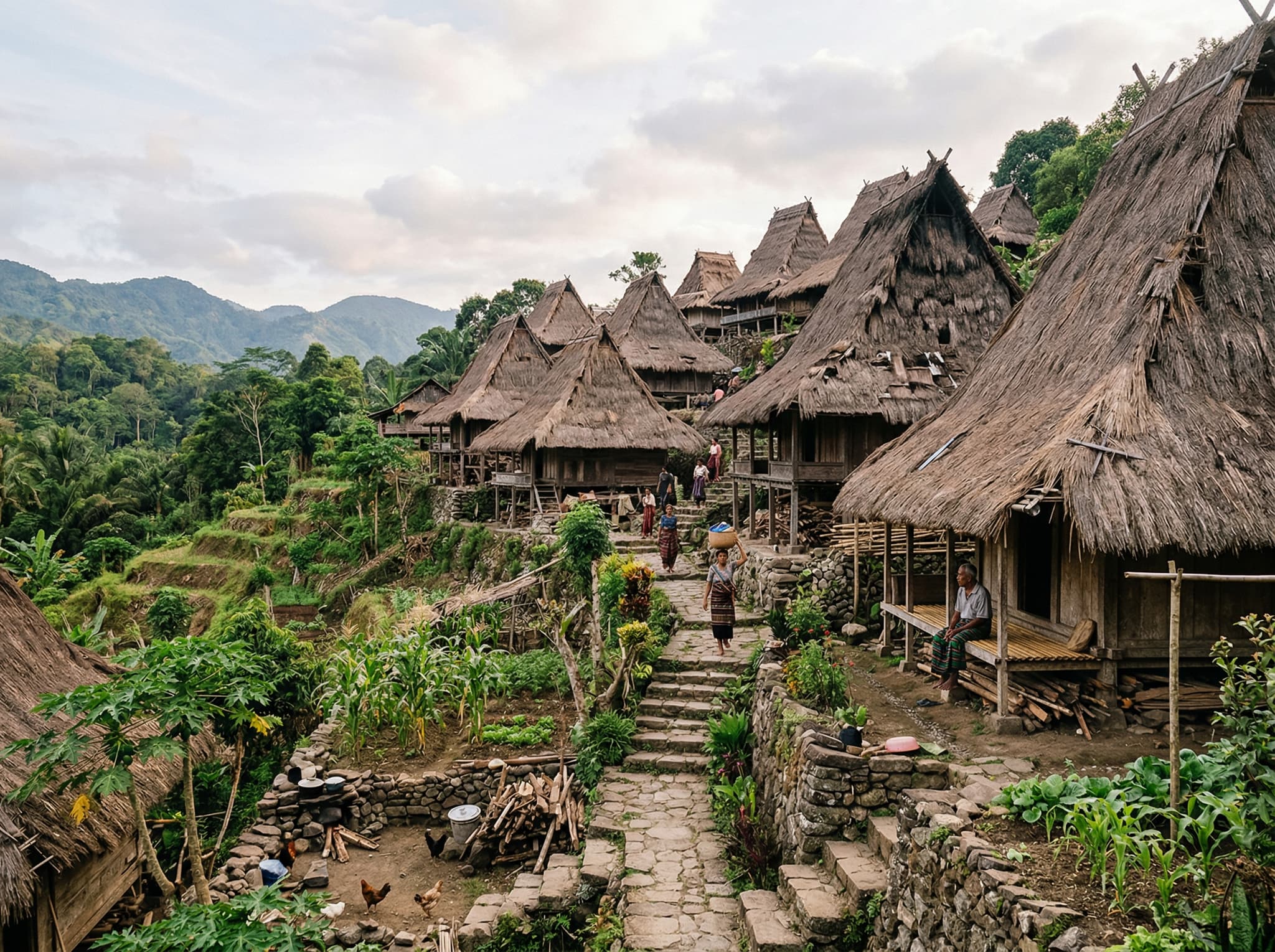 View of Saga village from below or the surrounding hillside in Ende, Flores — rooflines of steep thatched Lio houses stacking against the sky, with terraced gardens and forest on the slopes, conveying the elevated setting described in the article